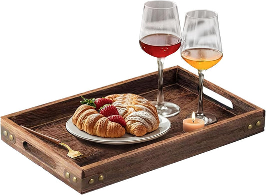 18.1 Inch Rustic Wood Serving Tray with Handles, Breakfast Tray Wooden Trays Decorative Serving Platter for Eating, Working, Storing, Used in Bedroom, Kitchen, Living Room, Bathroom and Outdoors