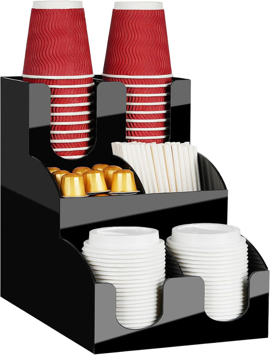 MYITYARD Coffee Station Organizer, 3-Tier Coffee Bar Accessories for Countertop, Acrylic Condiment and Cup Storage Organizer, 6 Compartments, Cup and Lid Holder for Pods, Syrup, Stirrer