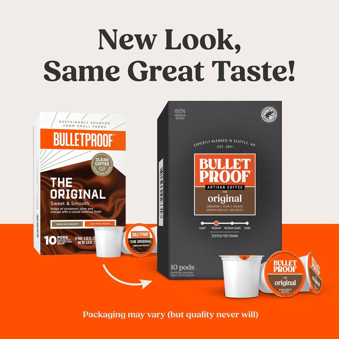 Bulletproof Original Medium Roast Single-Serve Pods, 10 Count, Arabica Beans, Clean Coffee Tested for Toxins, Packaging May Vary