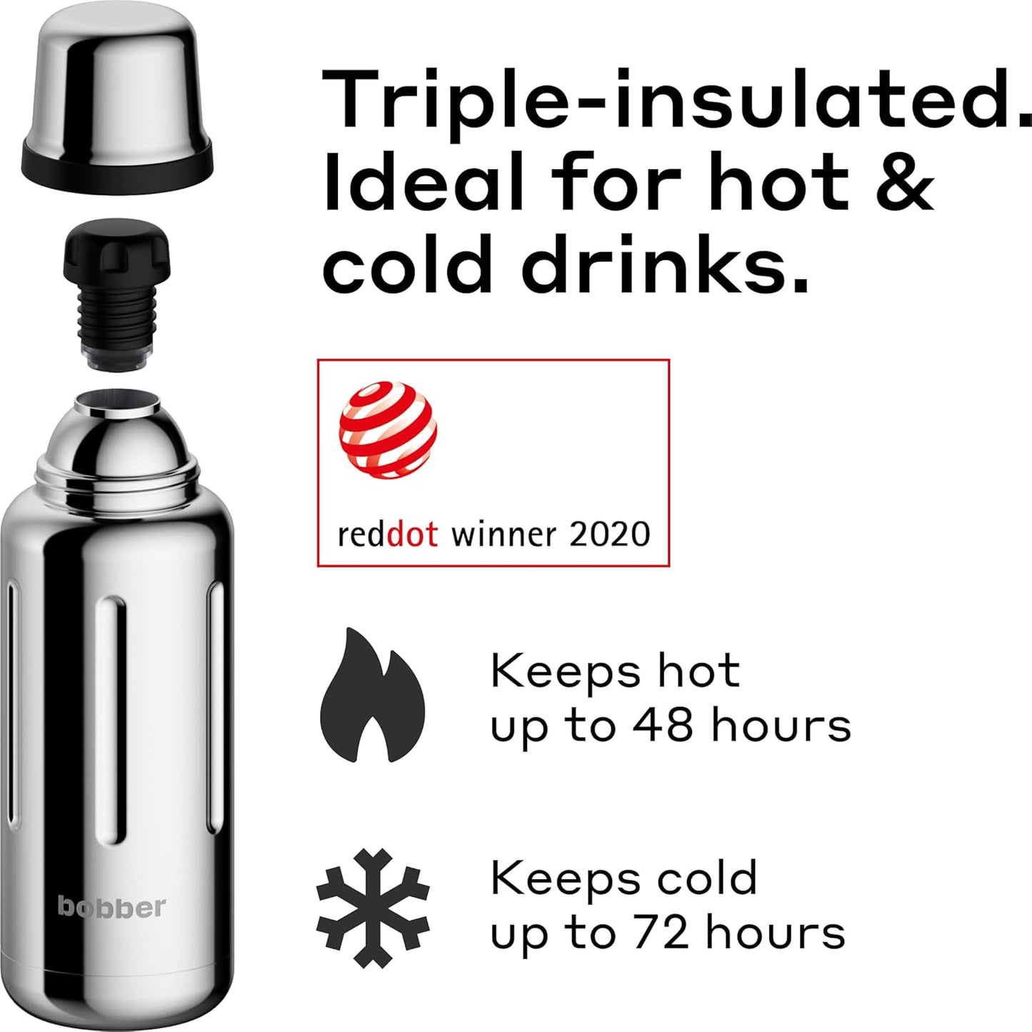 Bobber - 34 oz Vacuum Insulated Stainless Steel Water Bottle with Cup Lid - Dishwasher Safe - Keeps Drinks Hot for 48 Hours and Cold for 72 Hours - Triple Walled Thermo Flask (Glossy)