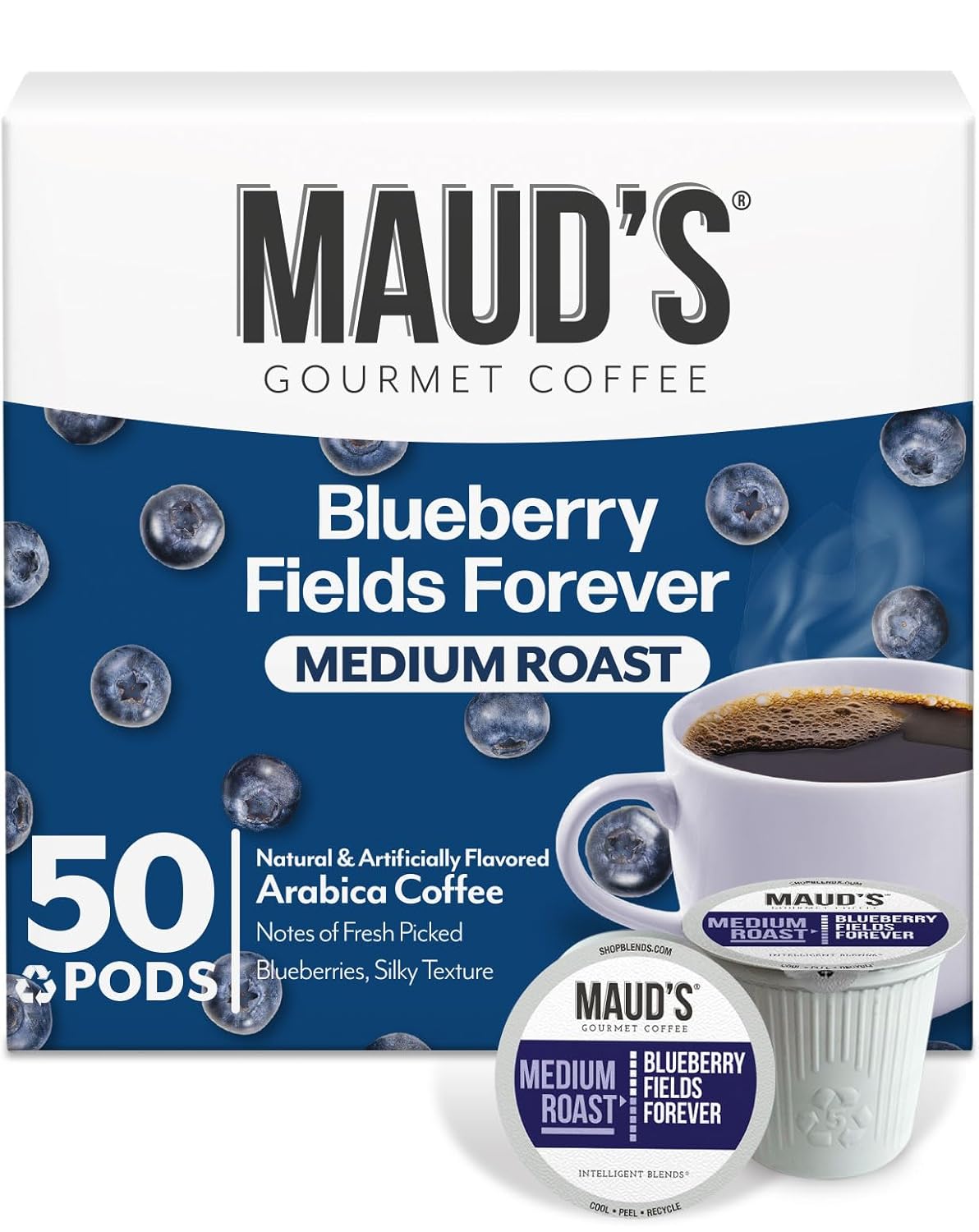 Maud's Blueberry Flavored Coffee Pods, 50 ct, Medium Roast Flavored Coffee in Recyclable Single Serve Pods – 100% Arabica Beans, Compatible with Keurig K Cups Maker