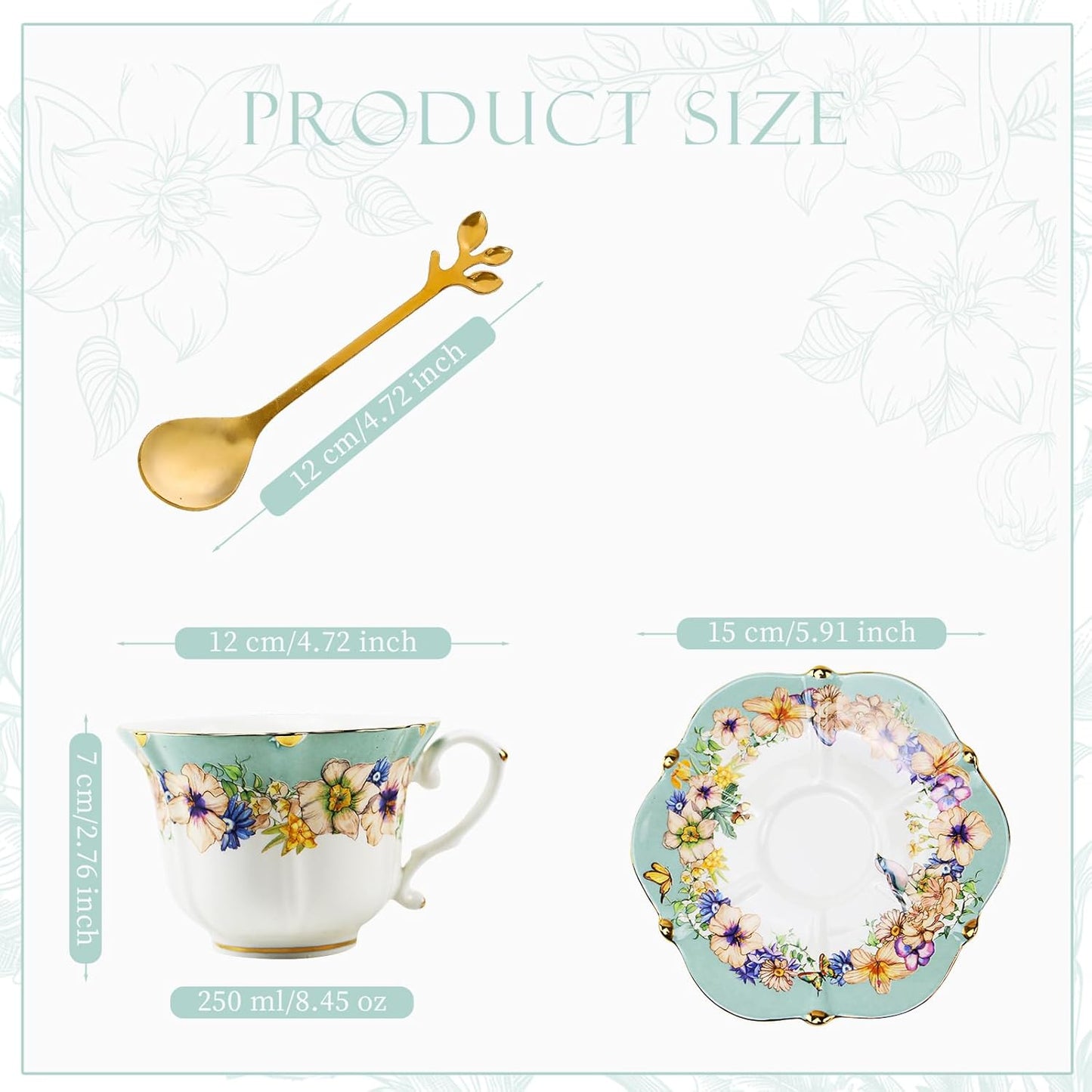 TATSUMI Country Roses Bone China Tea Cup and Saucer Set, 6 Pieces, Vintage Style, For Women and Tea Parties(Dutch Blue,2 Sets)