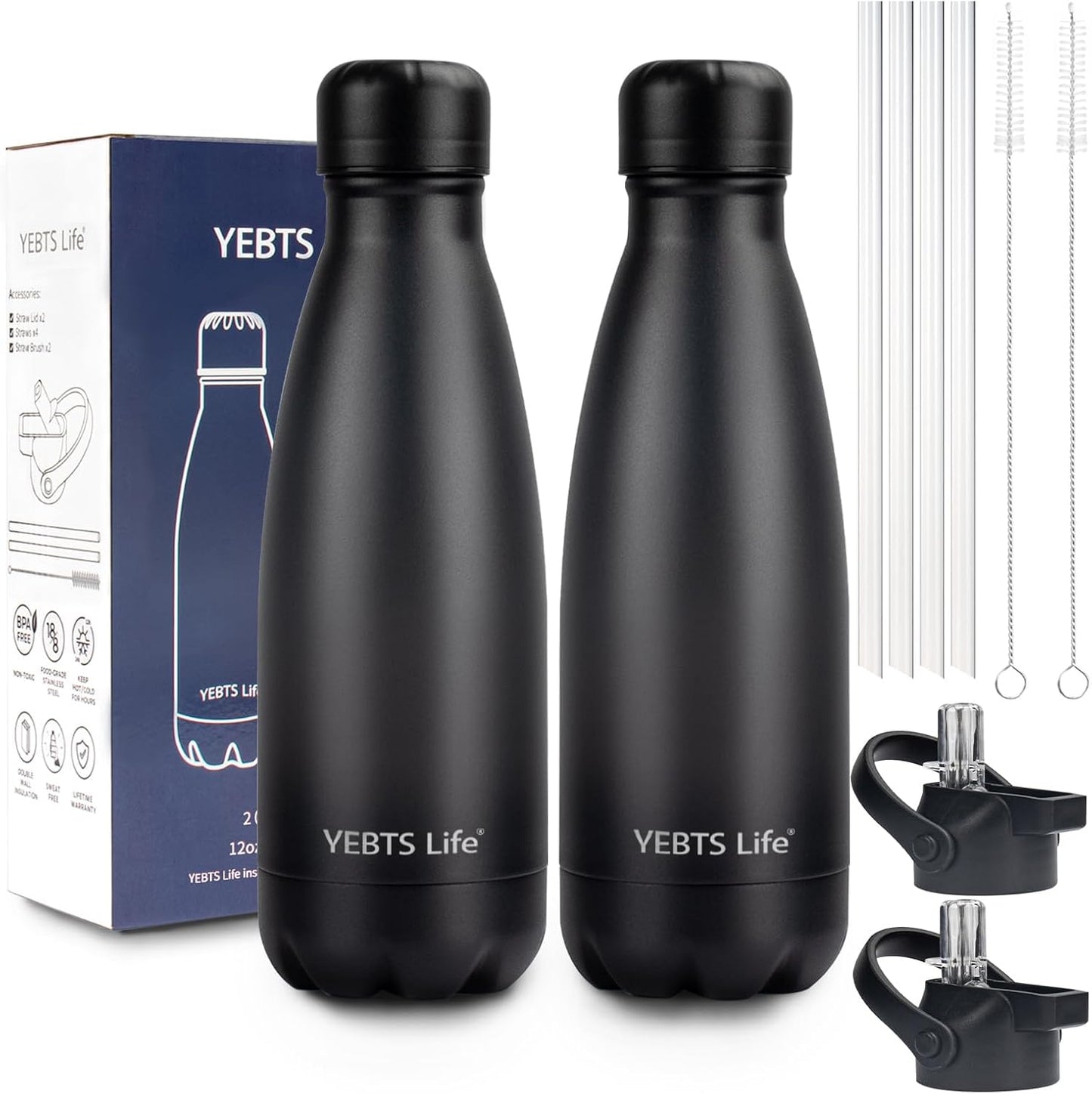 Insulated Water Bottle,2 Pack-9oz Stainless Steel Water Bottles with straw lid,Metal Sports Thermos Water Bottles for Boys,Girls,Double Wall Vacuum BPA-Free Flask for School, Sports & Travel-Black
