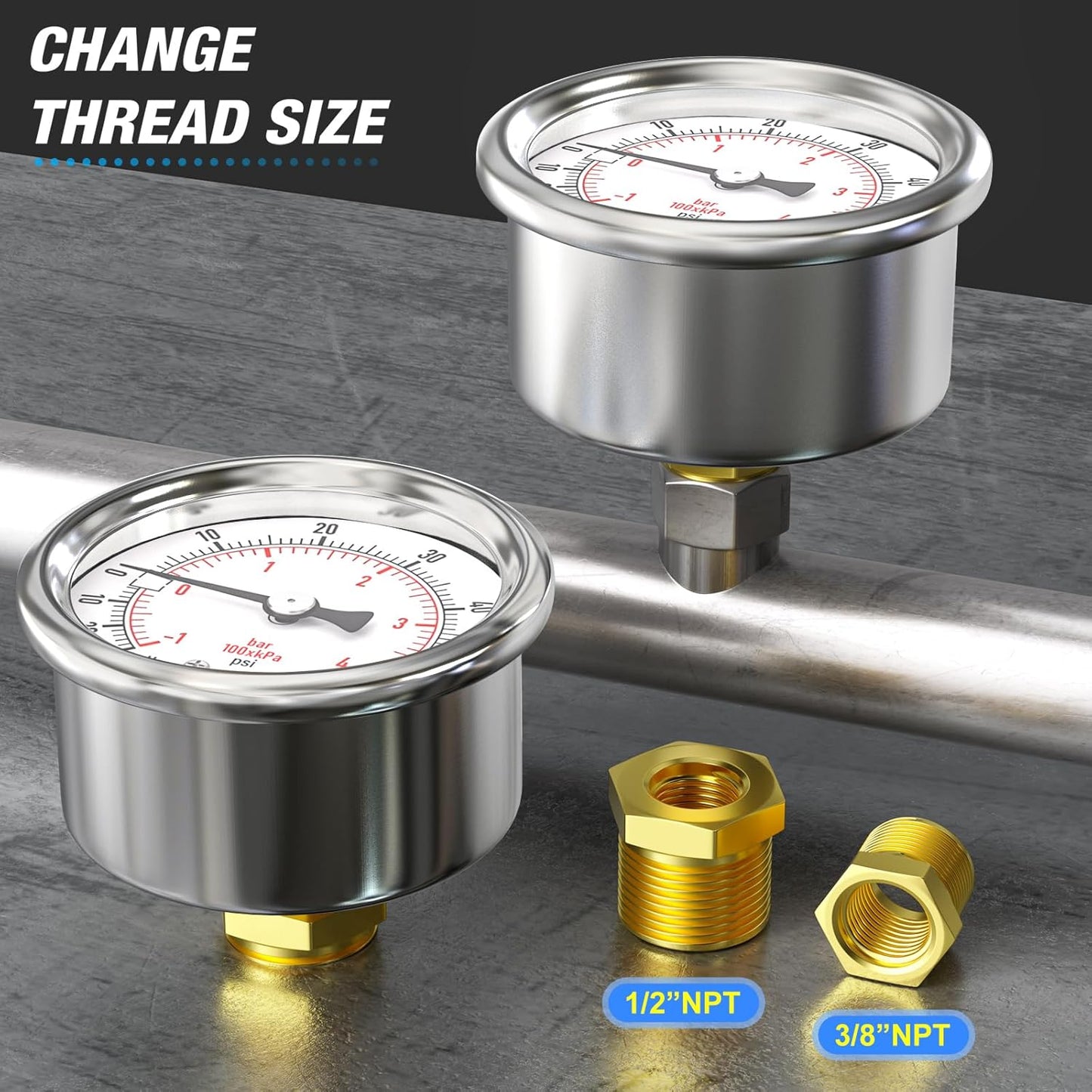 MEANLIN MEASURE -30inHG~60Psi Vacuum Gauge Stainless Steel 1/4" NPT 2" FACE DIAL Waterproof for Air Compressor HVAC Negative Pressure Hand Pump Pool Back Mount with 1/2" NPT and 3/8" NPT Hex Bushing