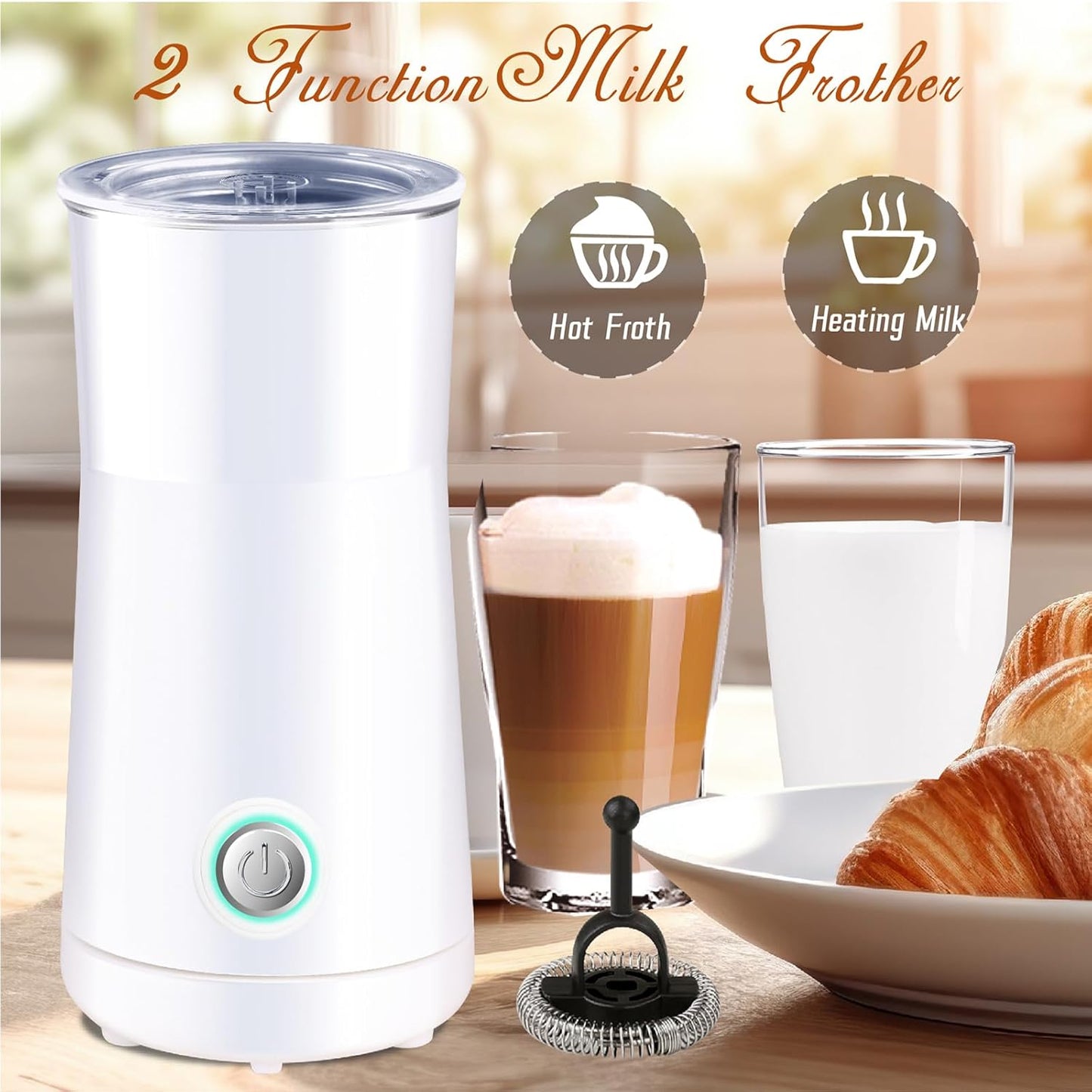 Simple Milk Frother, 2 in 1 Milk Steamer and Frother, Electric Milk Steamer, Milk Warmer and Hot Milk Foam Maker for Latter, Macchiato, Cappuccinos (White)