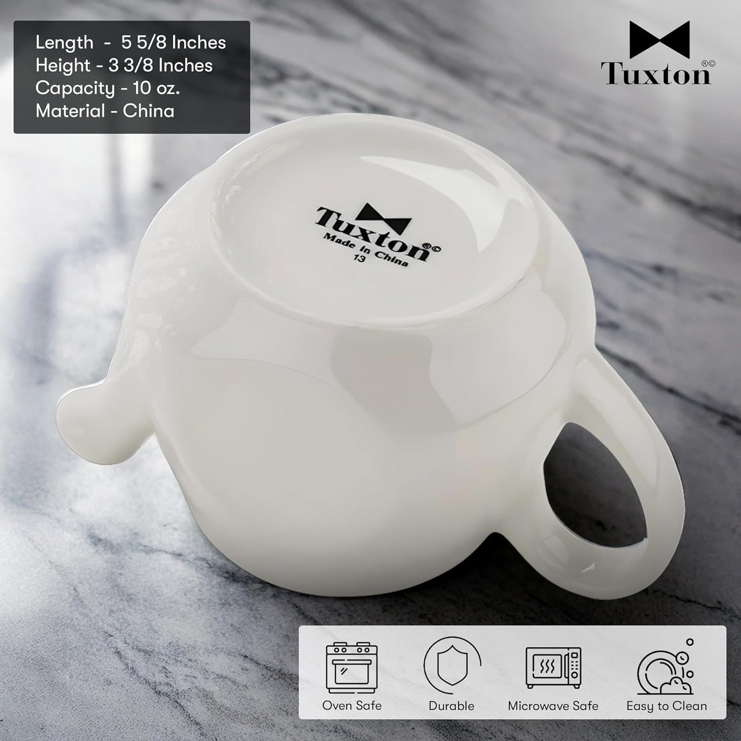 Tuxton China BET-1001 Teapot, 10 oz., 3-3/8"H, Without Lid, Microwave and Dishwasher Safe, Oven Proof, Fully Vitrified, Ceramic, TuxCare, Healthcare, American White/Eggshell, Pack of 6