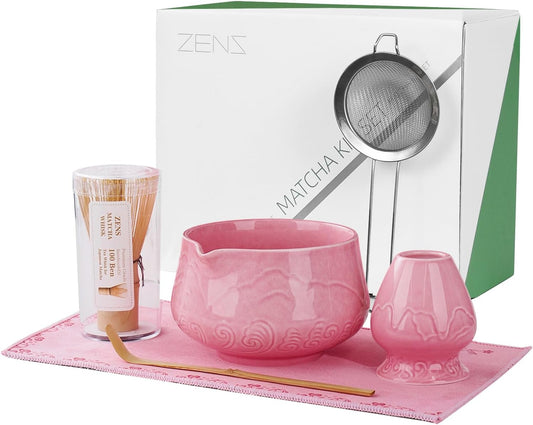 ZENS Pink Matcha Set, Matcha Whisk Set Includes 15oz Ceramic Bowl & (Chasen Holder), Bamboo Whisk & Scoop, Sifter and Pink Tea Towel, 6pcs Matcha Kit for Matcha Lovers