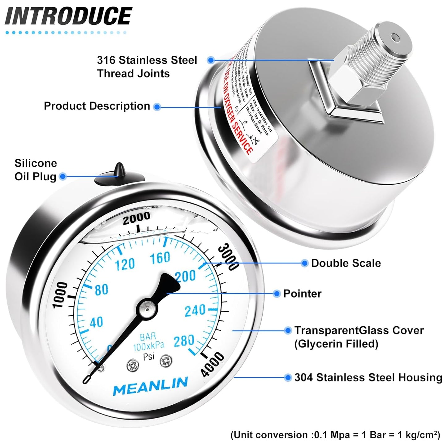 MEANLIN MEASURE 0~4000Psi Liquid Filled Pressure Gauge Stainless Steel with 316 Stainless Steel Joint 1/4" NPT 2.5" FACE DIAL for WOG Water Oil Air Center Back Mount