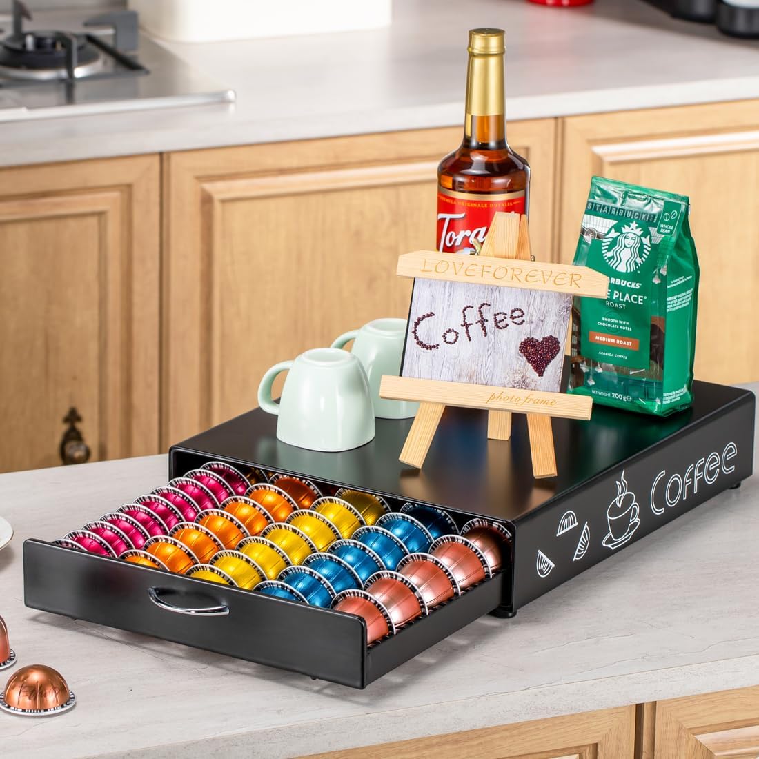 FlagShip for Nespresso Pod Holder Coffee Pod Drawer for Vertuo Pod Organizer Graffiti Style Large Capacity Fits All Size Vertuo Pods