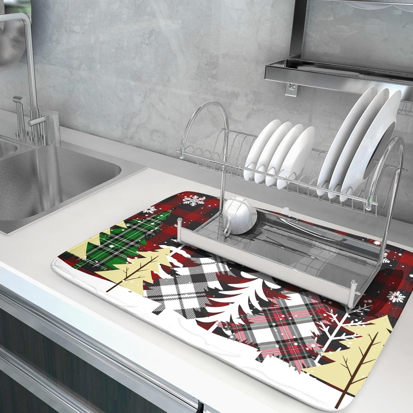 Merry Christmas Dish Drying Mat for Kitchen Counter 18x24 Inch Watercolor Buffalo Plaid Christmas Tree Microfiber Absorbent Dishes Pad Dish Drainer Mat Protector Kitchen Accessories for Countertop