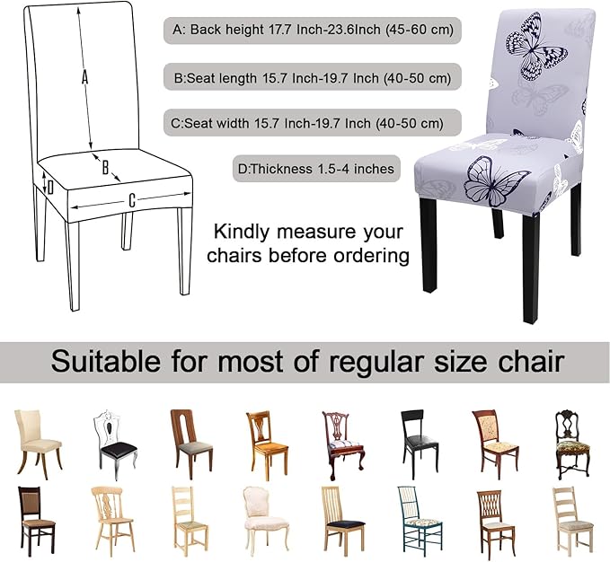 JQinHome Pattern Chair Covers for Dining Room Set of 6, High Stretch Removable Washable Parsons Chair Slipcover for Home Party Hotel Wedding Ceremony (Grey Butterfly,6PCS)