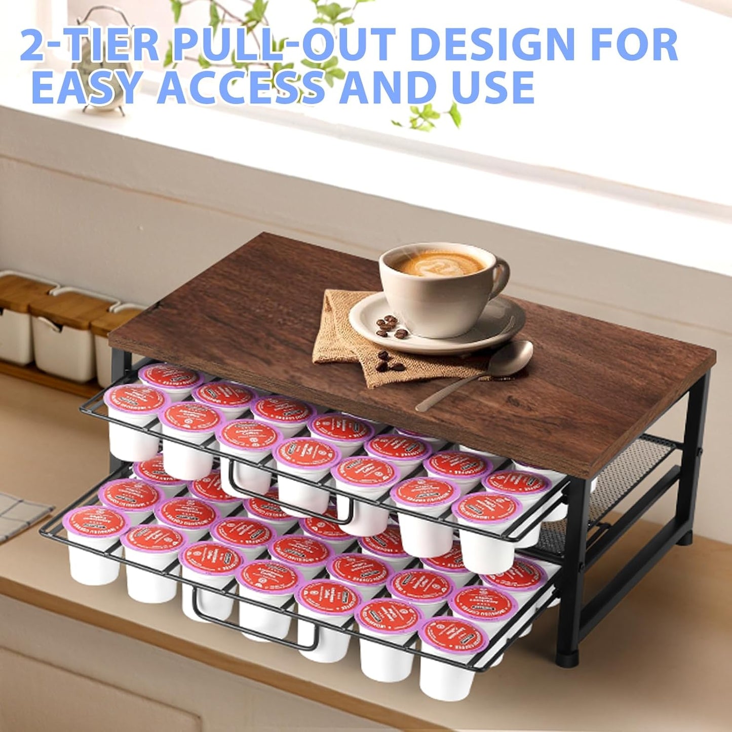 K Cup Holder Organizer for 70 Pods, 2-Tier Coffee Pod Holder for K-Cup with 2 Sliding Storage Drawers, Coffee Station Bar Organizer for Kitchen Countertop, Home & Office, Wooden