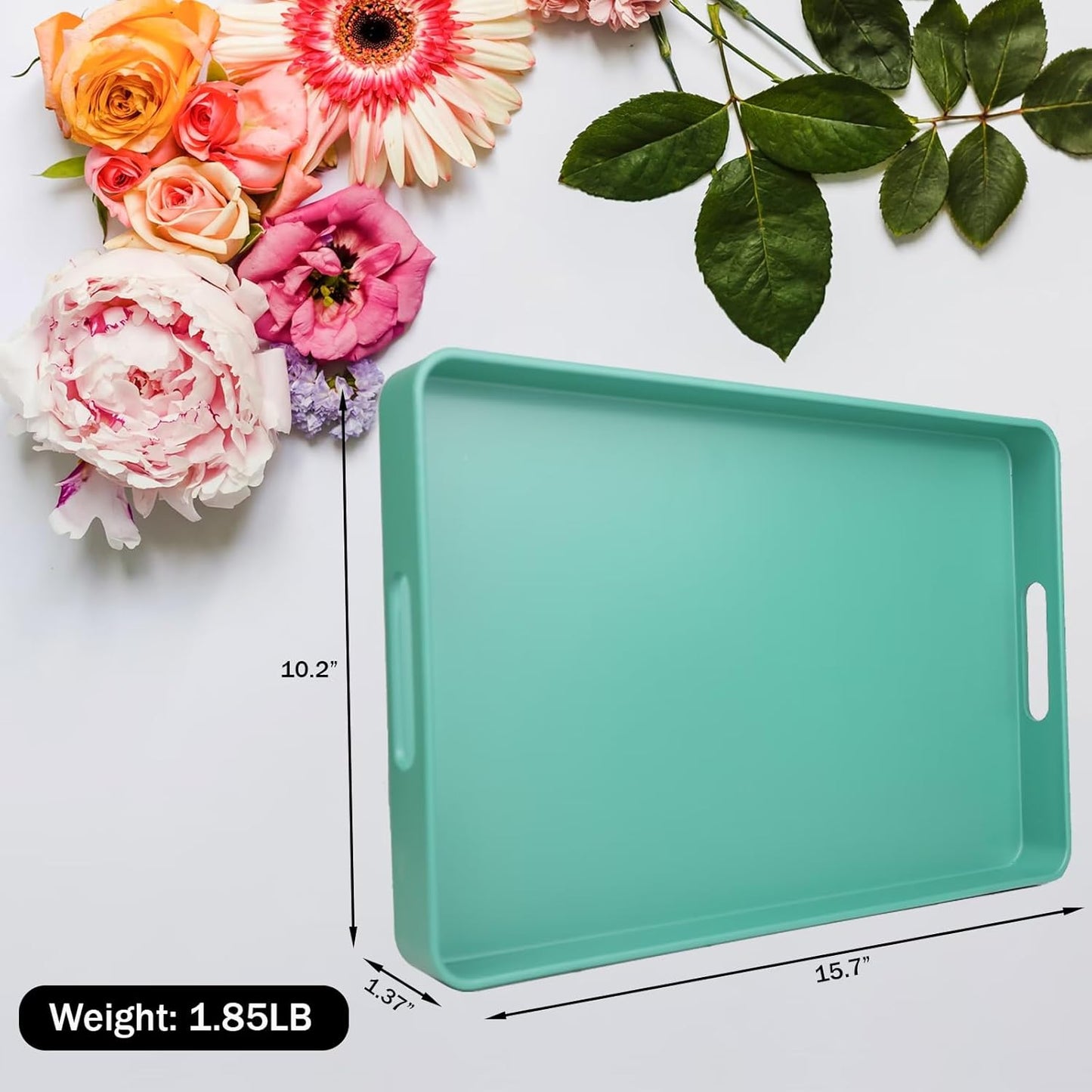 Green Decorative Serving Tray with Handles, Plastic Coffee Table Tray for Outdoor Patio, Living Room, Ottoman, Bathroom Counter, 10.2”*15.7”*1.4”