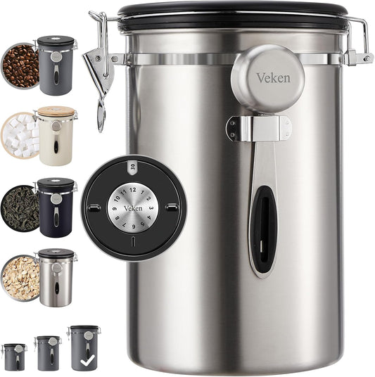 Veken Coffee Canister, 39OZ Large, Airtight Stainless Steel Food Storage Container for 2.2lbs Coffee Beans, Ground, Sugar, Tea, Flour, Rice, Cereal, Cookies Jars, Bar Accessories & Gifts, Silver