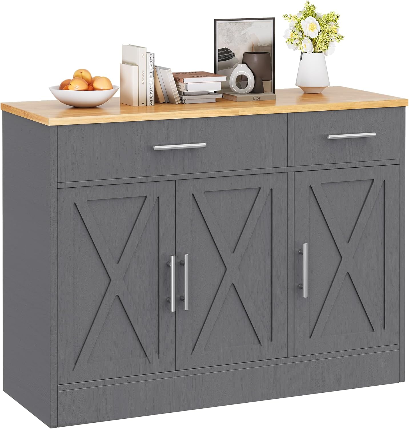 Vongrasig 43” Sideboard Buffet Cabinet with Storage, Farmhouse Coffee Bar with Drawers and Shelves, Wood Buffet Table for Kitchen Dining Room, Living Room, Grey