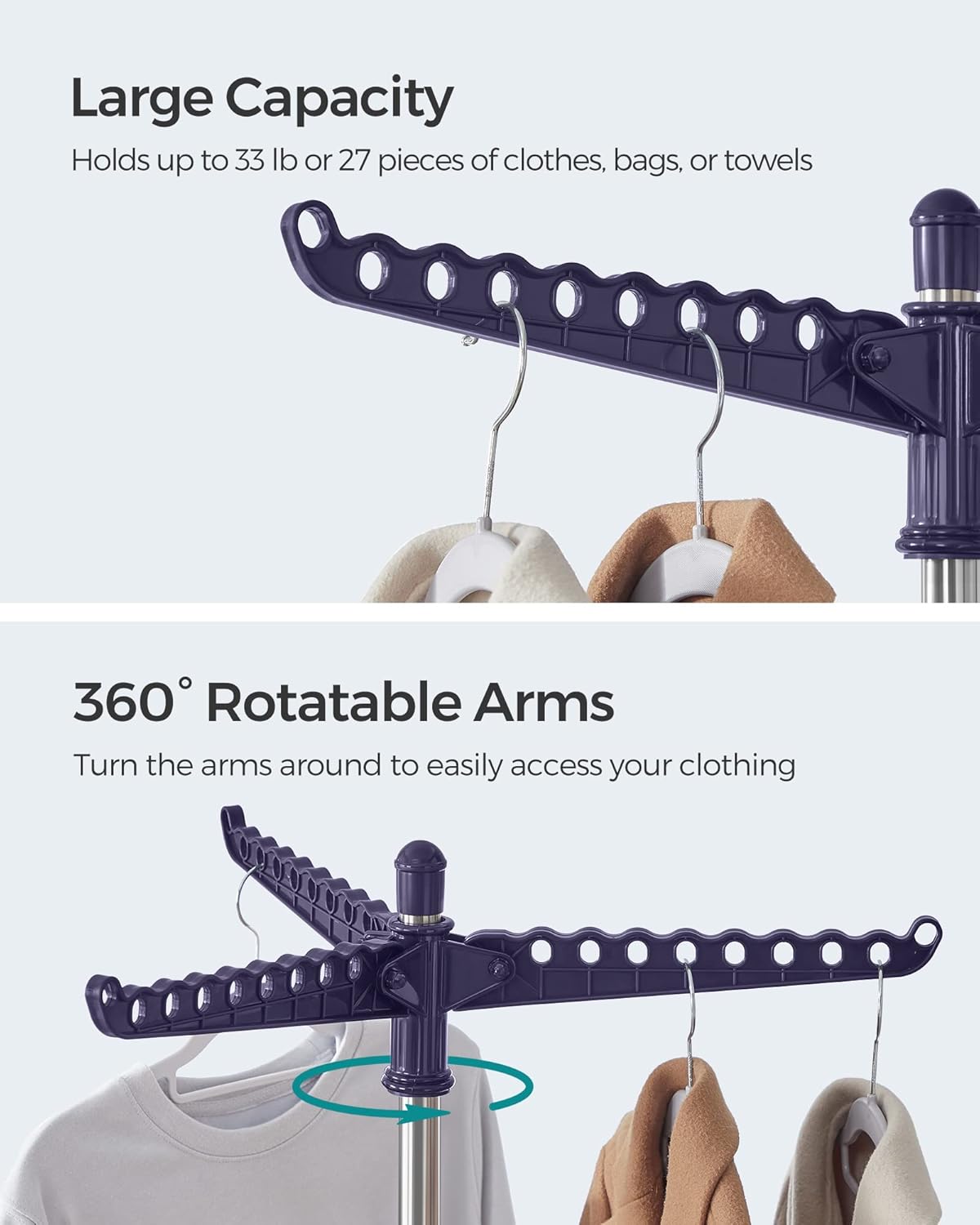 SONGMICS Clothes Drying Rack, 59-Inch Folding Laundry Drying Rack with 3 Rotatable Arms for Hangers, 4 Legs, Stainless Steel, for 27 Pieces of Clothes, Blue and Silver ULLR510Q01