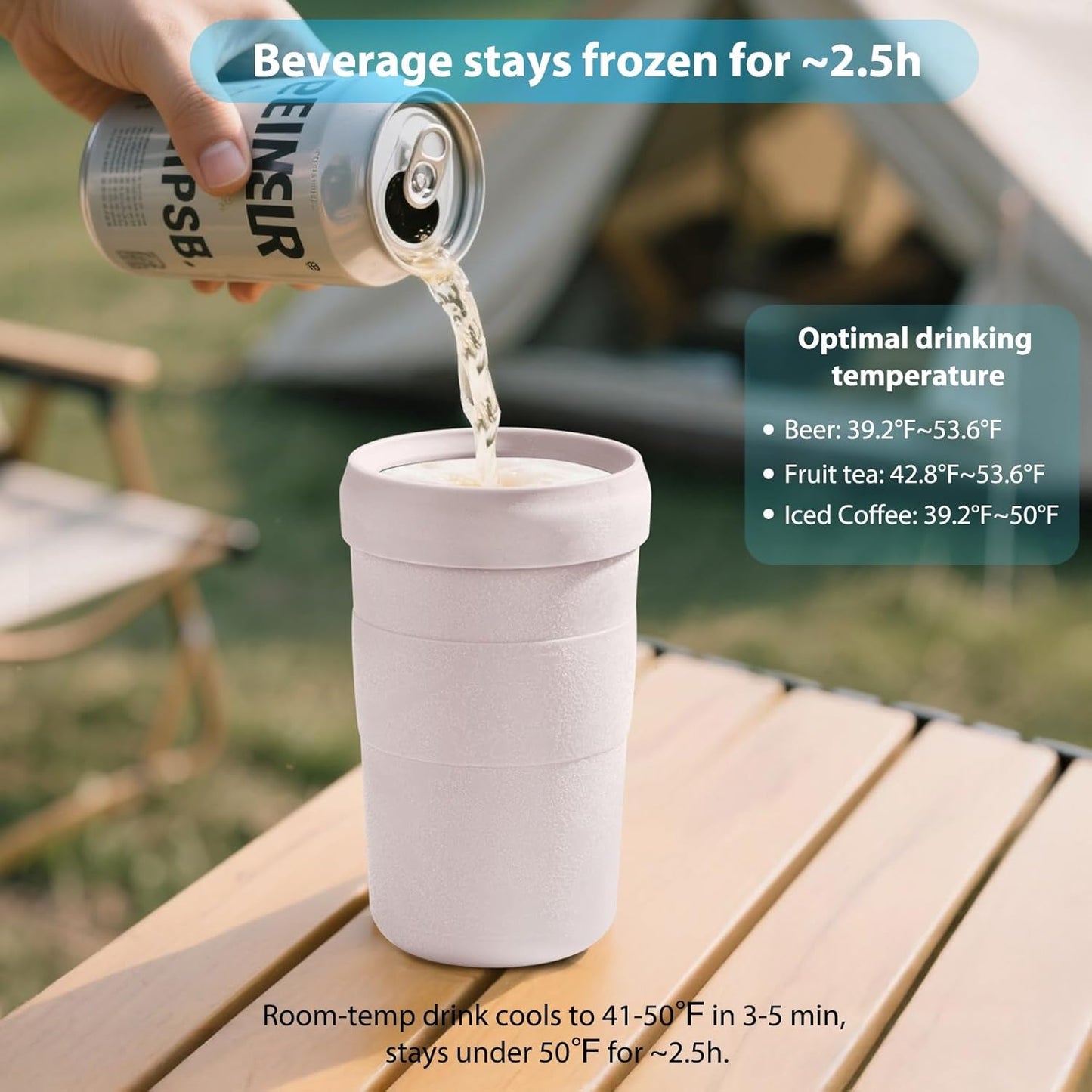 Iced Coffee Tumbler, 45℉ Insulated Beer Mug for Freezer, (Ice-Free) Double-walled Freezable Slushie Cup with Stainless Steel Liner, Travel Coffee Mug Reusable, with Lid and Straw, 16oz (1, White)