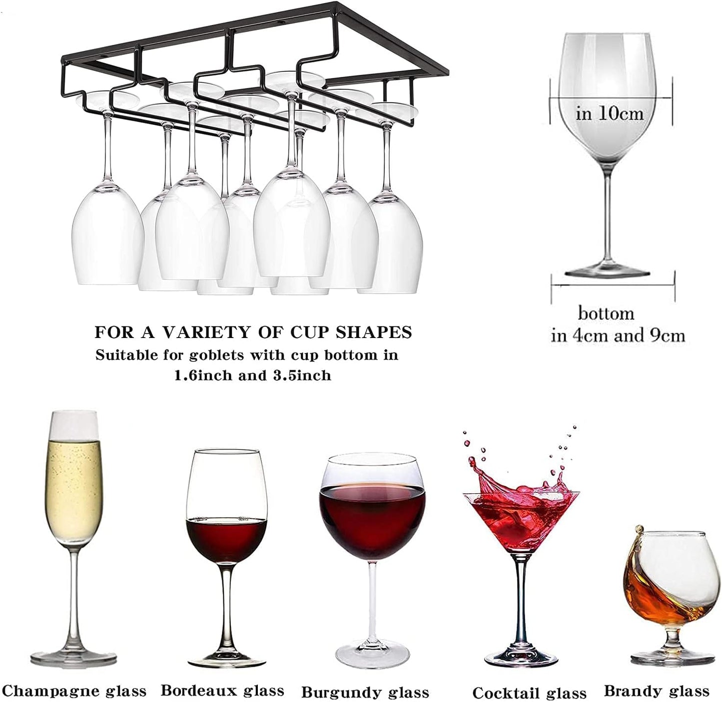 Wine Cup Holder Table Decoration Storage Hanger Metal Organizer for Bar Kitchen Stemware Rack Under Cabinet Stainless Steel Hanger Storage Shelf Black (Black, 3 Rows 2 Packs)