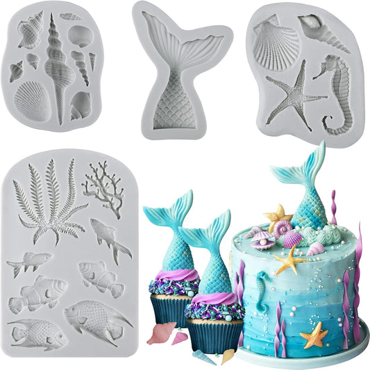 Sakolla Marine Theme Fondant Molds, 4 PCS Mermaid Tail Seashell Conch Starfish Baking Silicone Molds for Cake Decoration Chocolate Soap Crafting