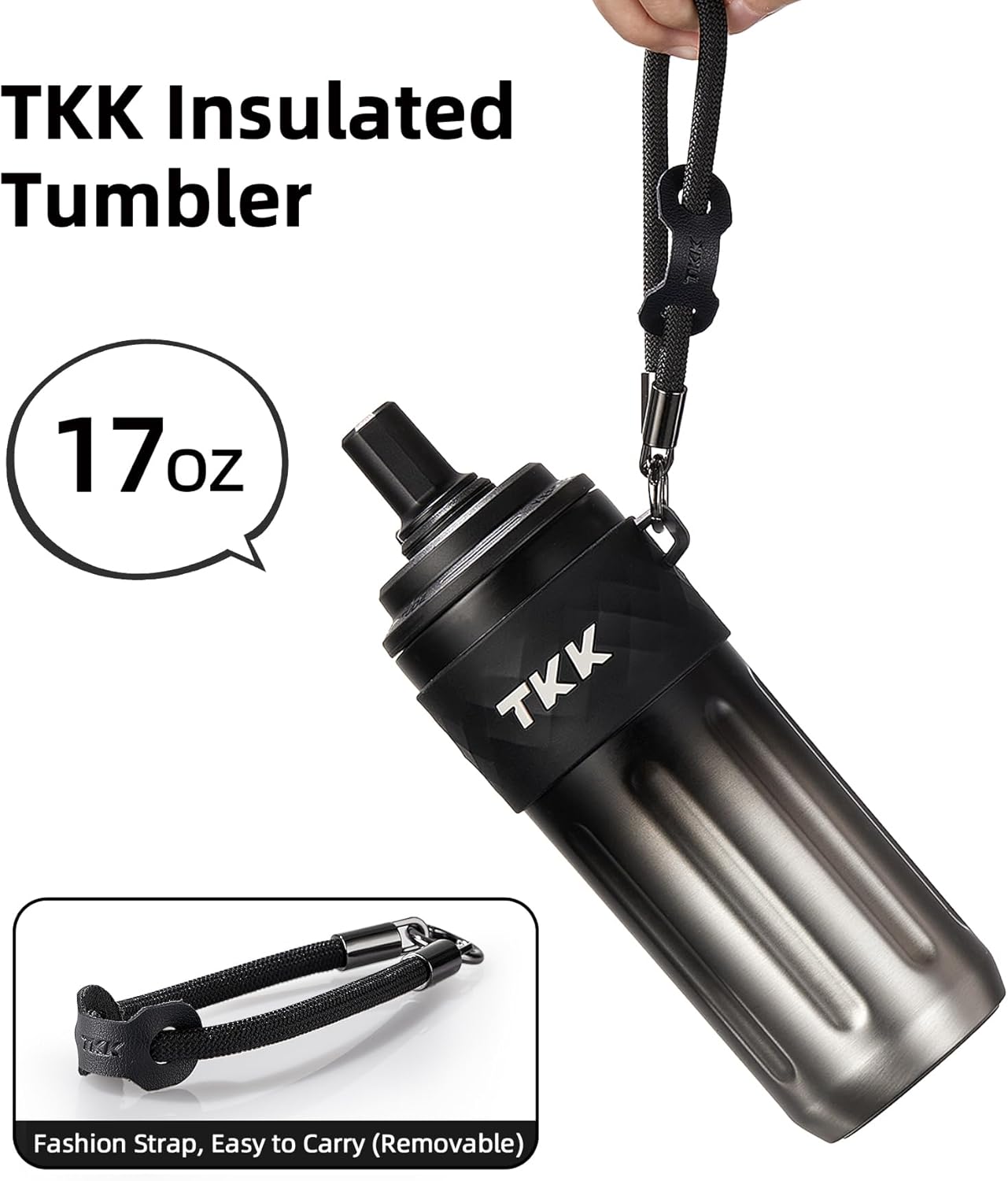 TKK 17 OZ Travel Tumbler Ceramic Lining with Straw Lid, Stainless Steel Vacuum Insulated Double Wall Coffee Tumbler, Leak Proof Iced Water Bottle with Carry Strap for Hot & Cold Drinks, SteelBlack