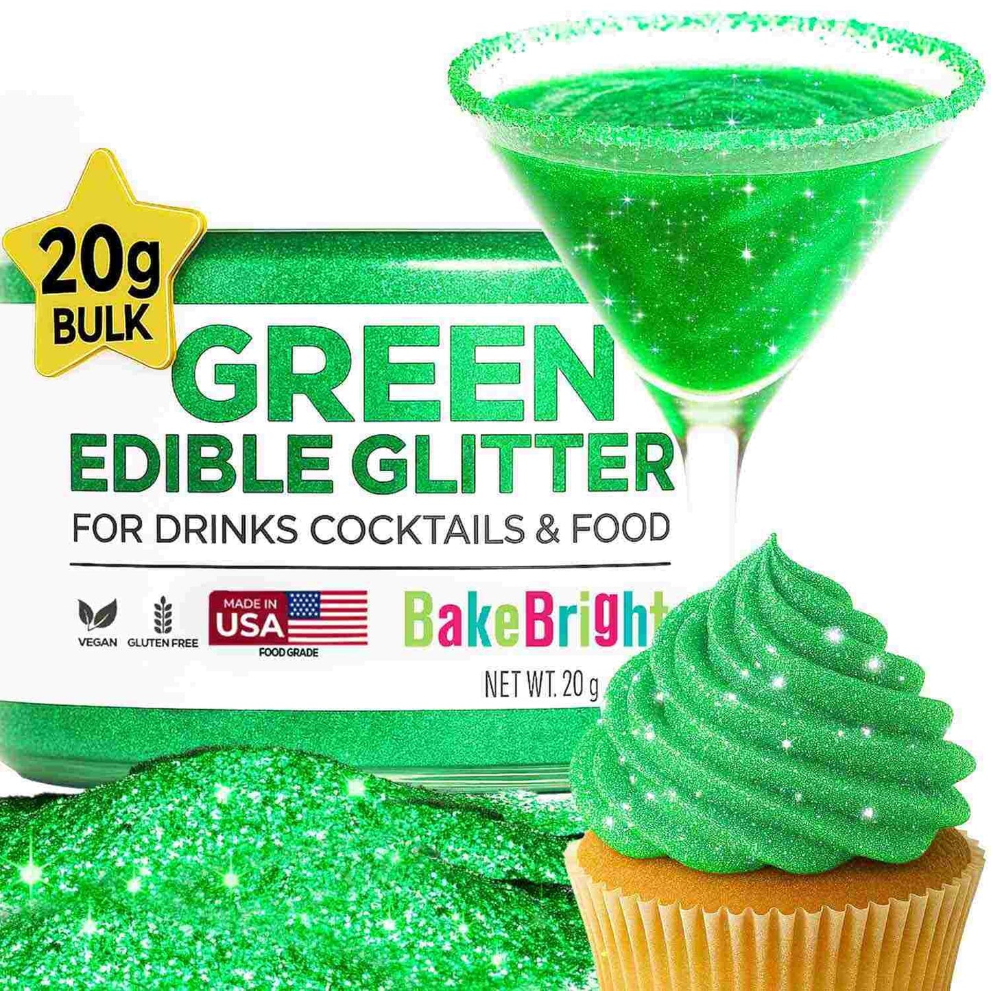 Bulk 20g Light Green Edible Glitter for Drinks | Premium Edible Glitter for Cakes, Cocktails, Light Green Cake Decorating Decorations Food Grade, Vegan, Kosher, Halal, Gluten Free - Made in USA