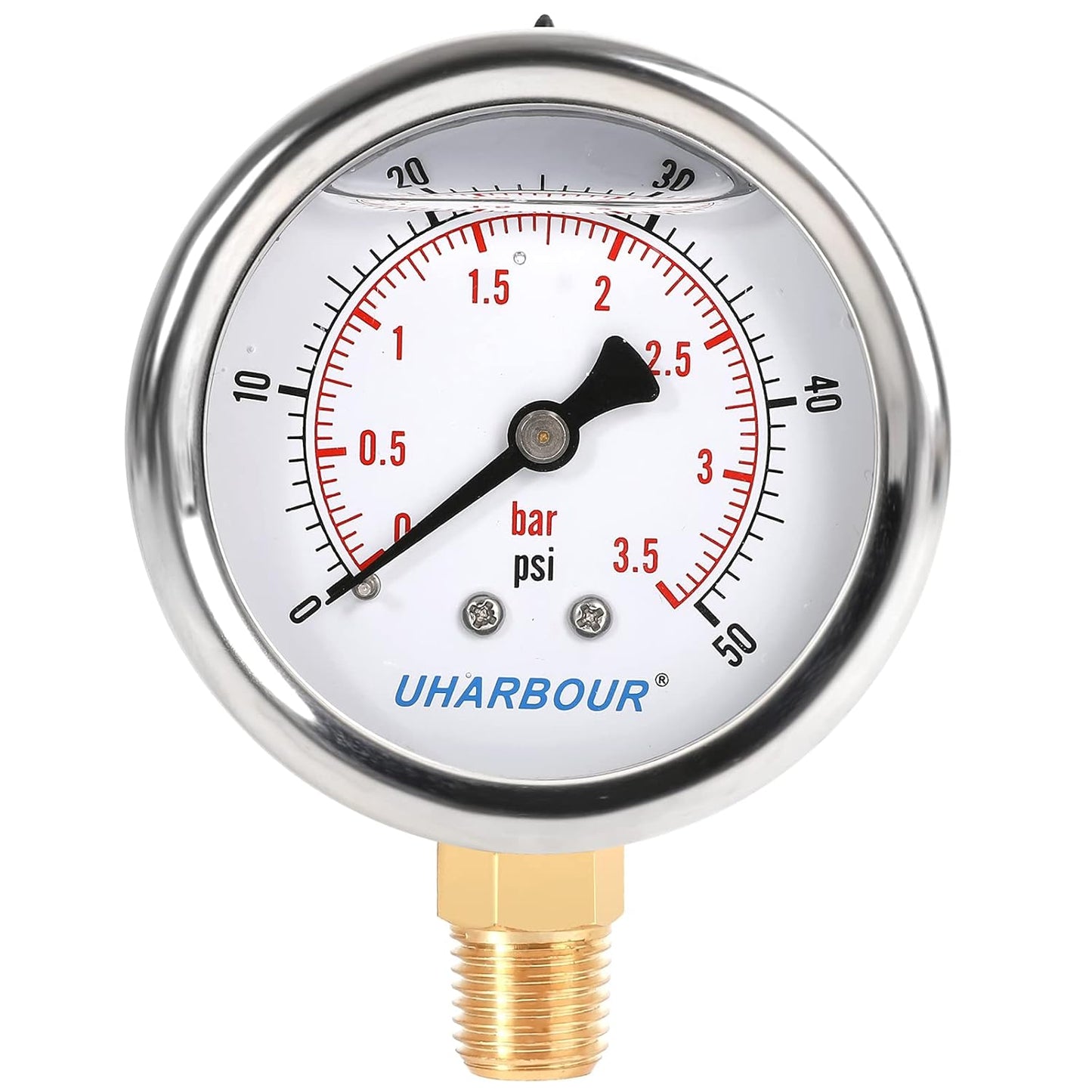 Glycerin Filled Low Pressure Gauge 50psi/3.5bar, Stainless Steel case, Brass Inside Construction, 2-1/2" dial, 1/4" NPT Rear Connection.