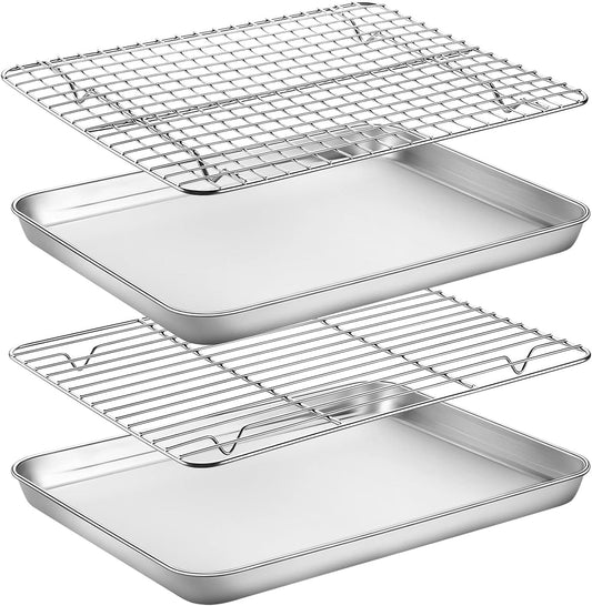 Baking Sheet with Rack Set, Yododo Set of 4 (2 Sheets + 2 Racks), Stainless Steel Cookie Sheet Baking Pan Tray with Cooling Rack, Non Toxic & Heavy Duty & Easy Clean - Size of 12 inch