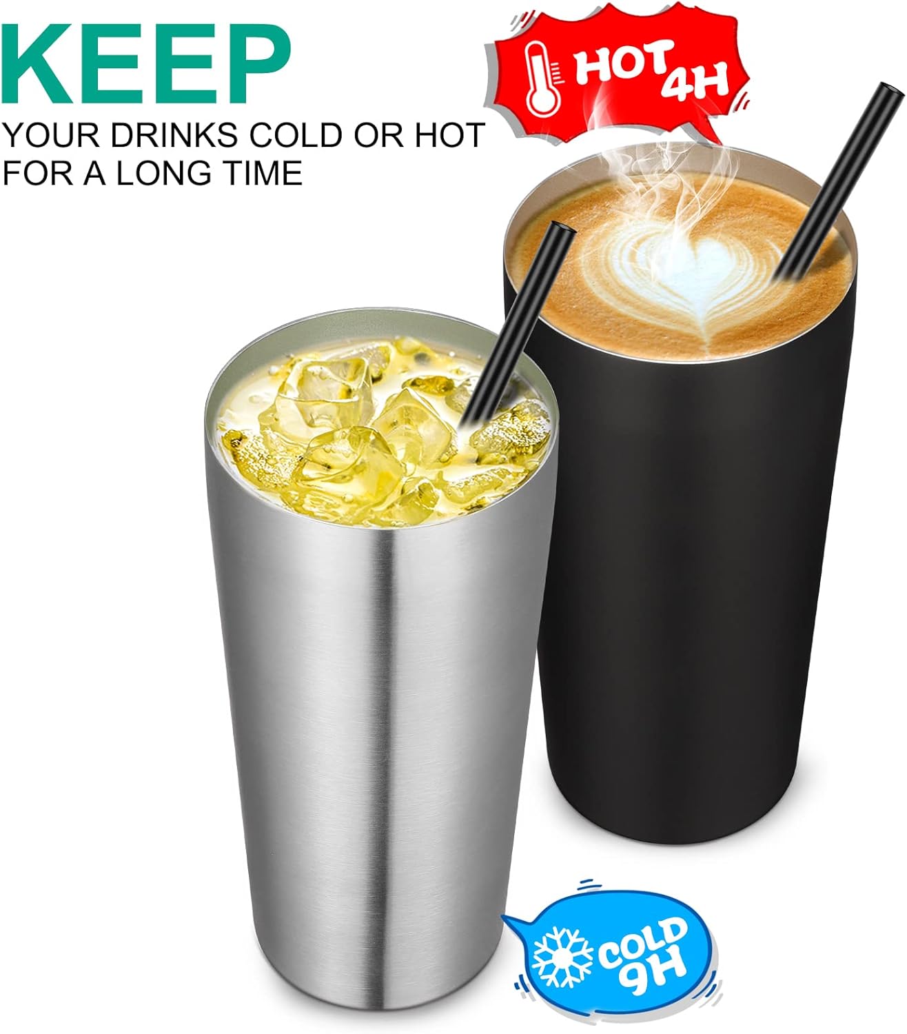 VEGOND 20oz Tumbler Bulk with Lid and Straw 6 Pack, Stainless Steel Vacuum Insulated Tumbler, Double Wall Coffee Cup Travel Mug, Black