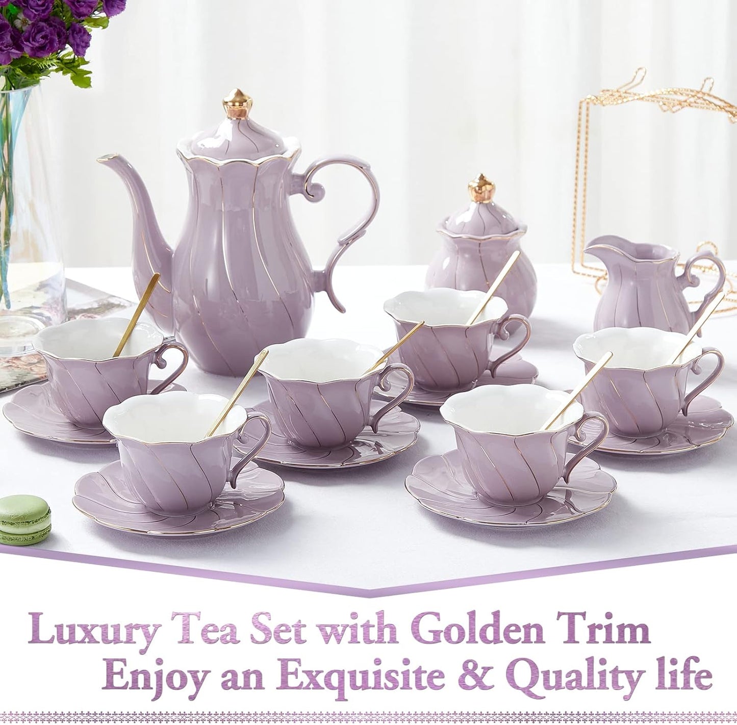 DUJUST 22 pcs Porcelain Tea Set for 6, Luxury British Style Tea/Coffee Cup Set with Golden Trim, Beautiful Tea Set for Women, Tea Party Set, Gift Package (With a Stand) - Purple