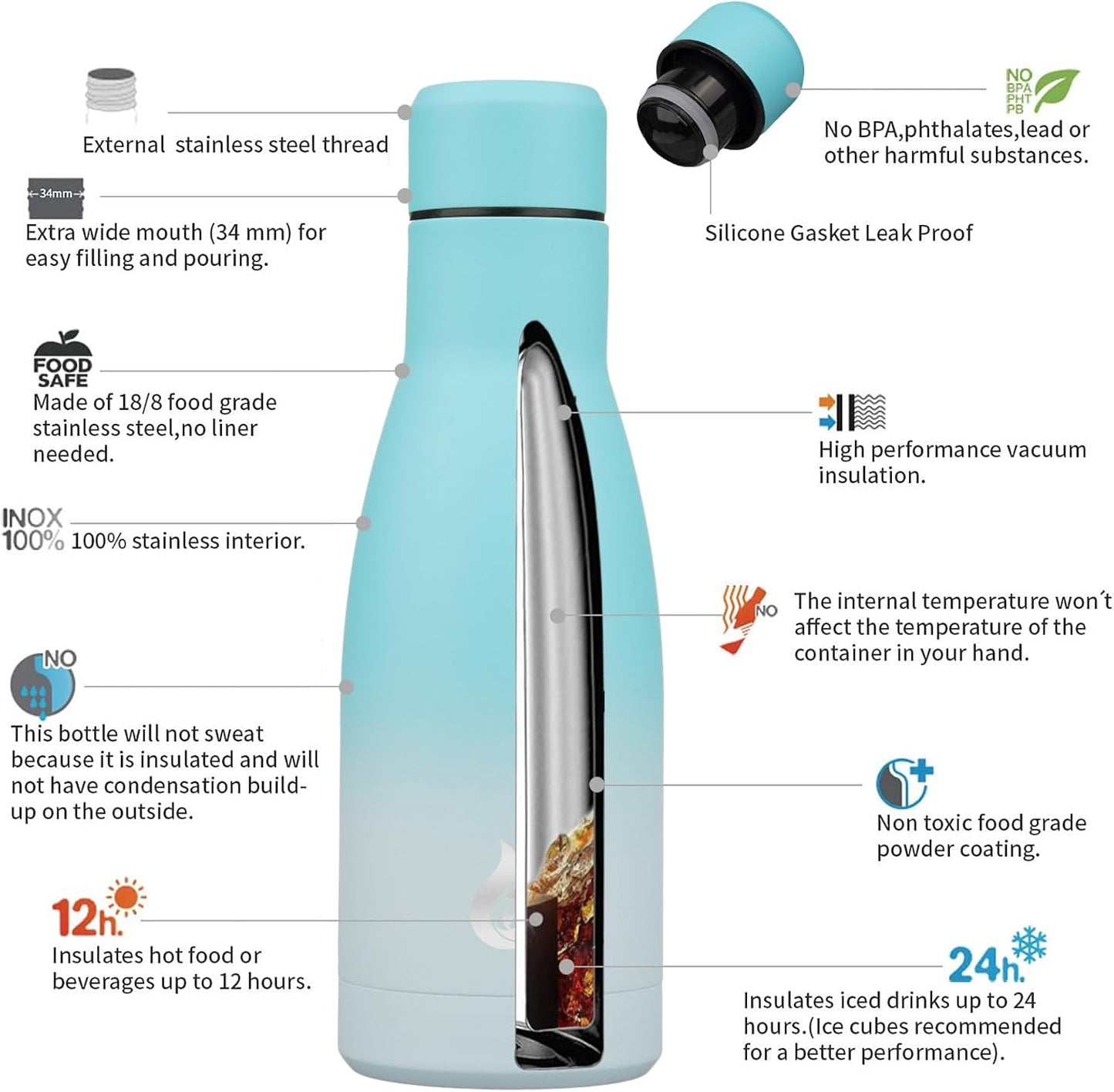 BJPKPK Insulated Water Bottle 12oz Small Stainless Steel Water Bottles Reusable Metal Thermo Keep Cold and Hot,Sea Salt