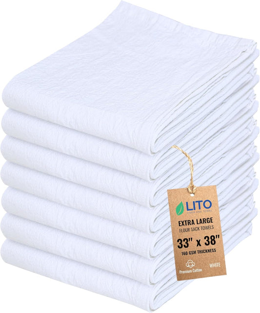Flour Sack Towels | Tea Towel for Crafts| Kitchen Dish | Cotton Blank Towel for Embroidery| Baking Bread Proofing Linen Cover| Thick Absorbent Quick Dry| 7 Pack 33"x38" White