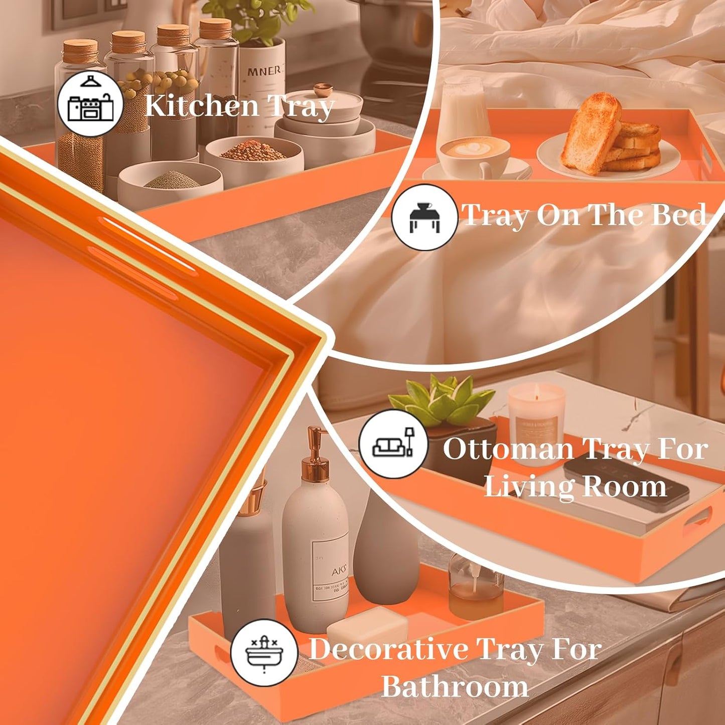 MAONAME Orange Serving Trays Set of 2, Plastic Decorative Trays with Handles, Rectangular Coffee Table Trays for Ottoman, Nesting Trays for Living Room, Bedroom