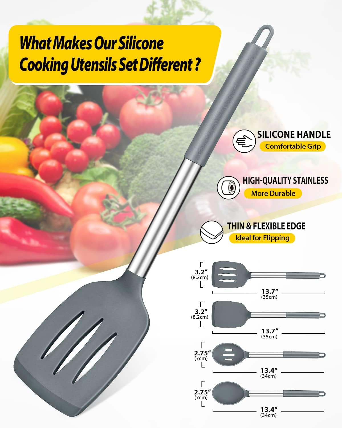 Pack of 4 Silicone Cooking Utensils Set, Non Stick Large Solid Spatulas, Heat Resistant Gray Slotted Spoons, Ideal BPA Free Kitchen Turners for Frying, Mixing,Serving,Draining,Turning,Stirring