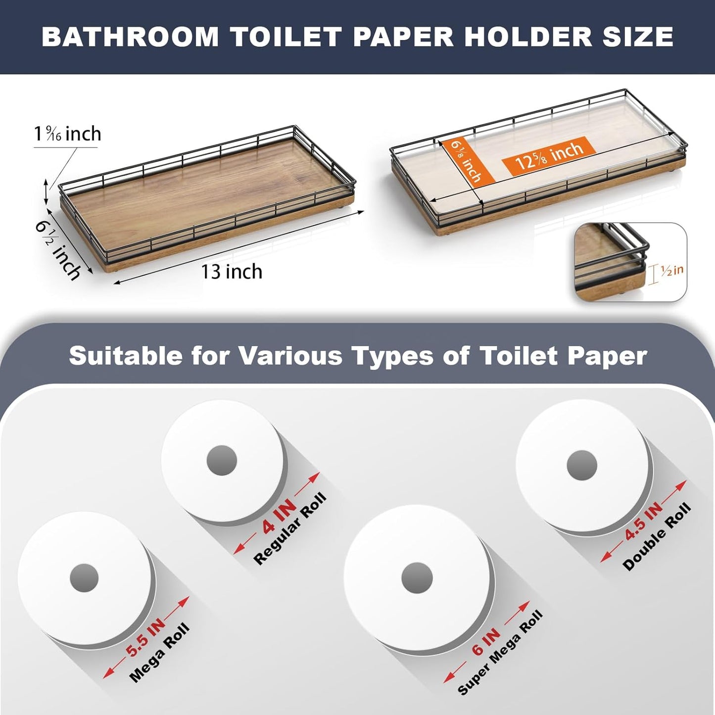 Bathroom Toilet Tank Tray, 13" Wood Toilet Paper Storage Basket Tray Back of Toilet Basket Organizer,Vanity Tray for Perfume Makeup Candle Decor, Black & Farmhouse Brown