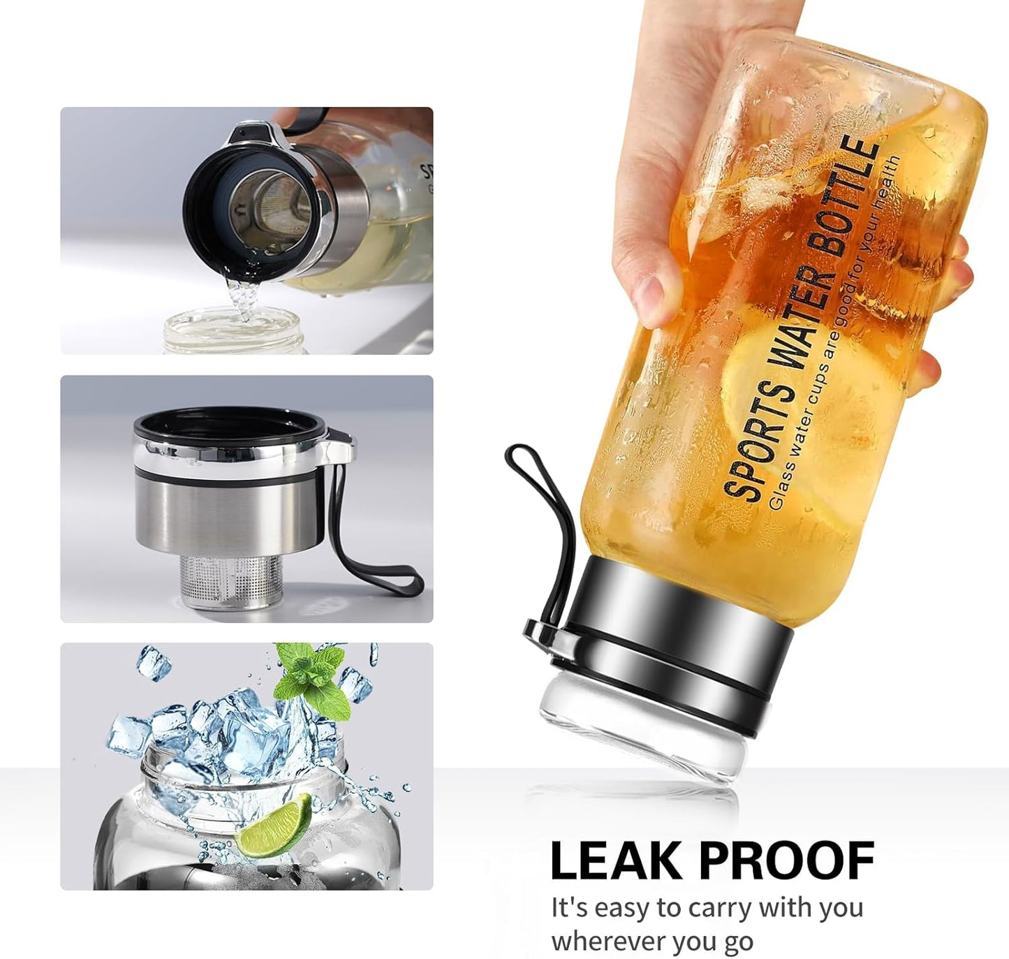 32 oz Glass Water Bottles - Large, Clear, Borosilicate Glass Water Bottle with Stainless Tea Infuser - Cup-Function Lid, Neoprene Sleeve, Strap - Wide Mouth BPA free, for Tea, Beverages, Juice