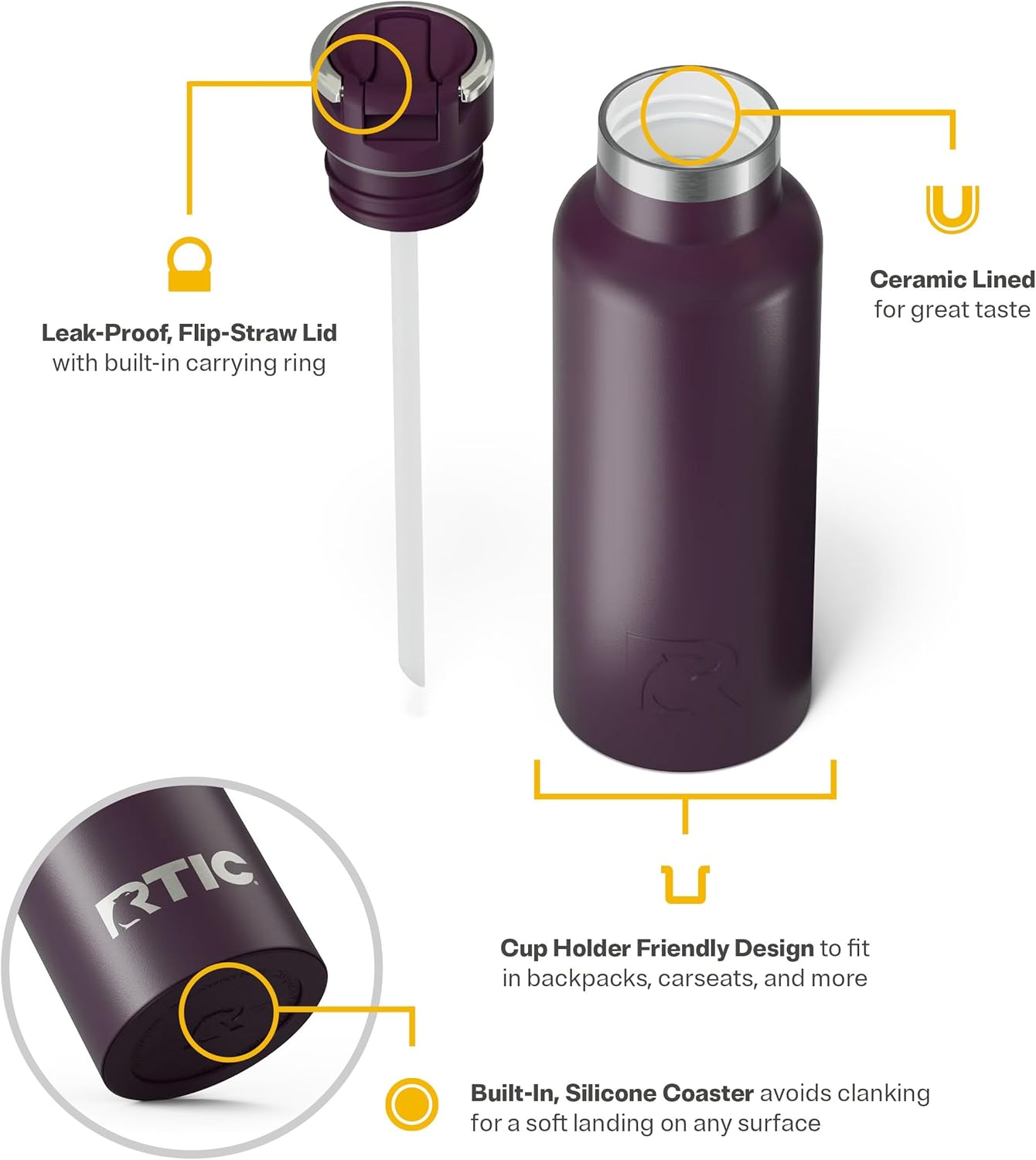 RTIC 16oz Journey Bottle Metal Stainless Steel Vacuum Insulated, BPA Free, Reusable, for Water, Hot and Cold Drinks, Travel, Sports, Camping, Plum