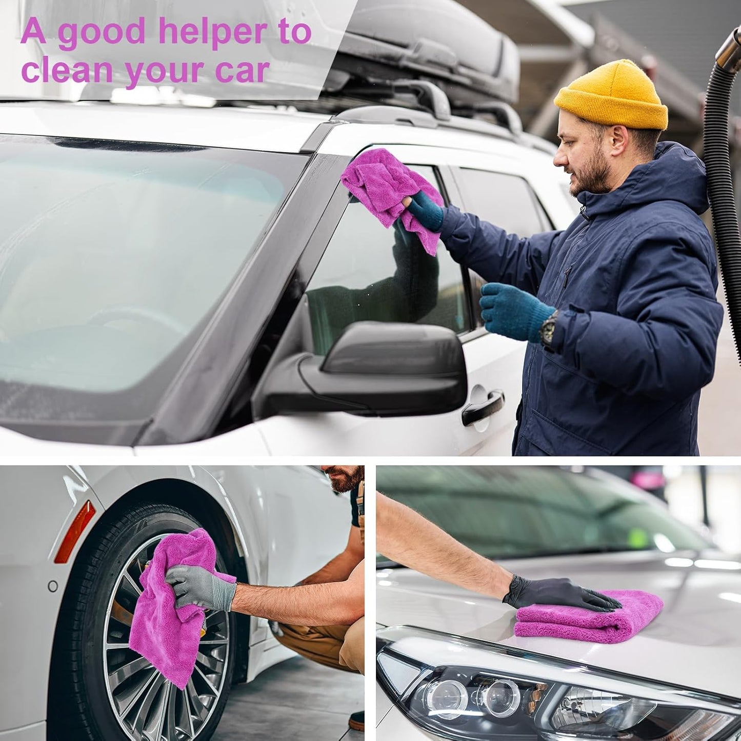 Shimeyao 30 Pcs Edgeless Microfiber Plush Towels for Cars Detailing Drying Wash Polishing Absorbent Cleaning Cloths, 500 GSM, 16 x 16 Inch(16 x 16 Inch,Purple,30 Pcs)