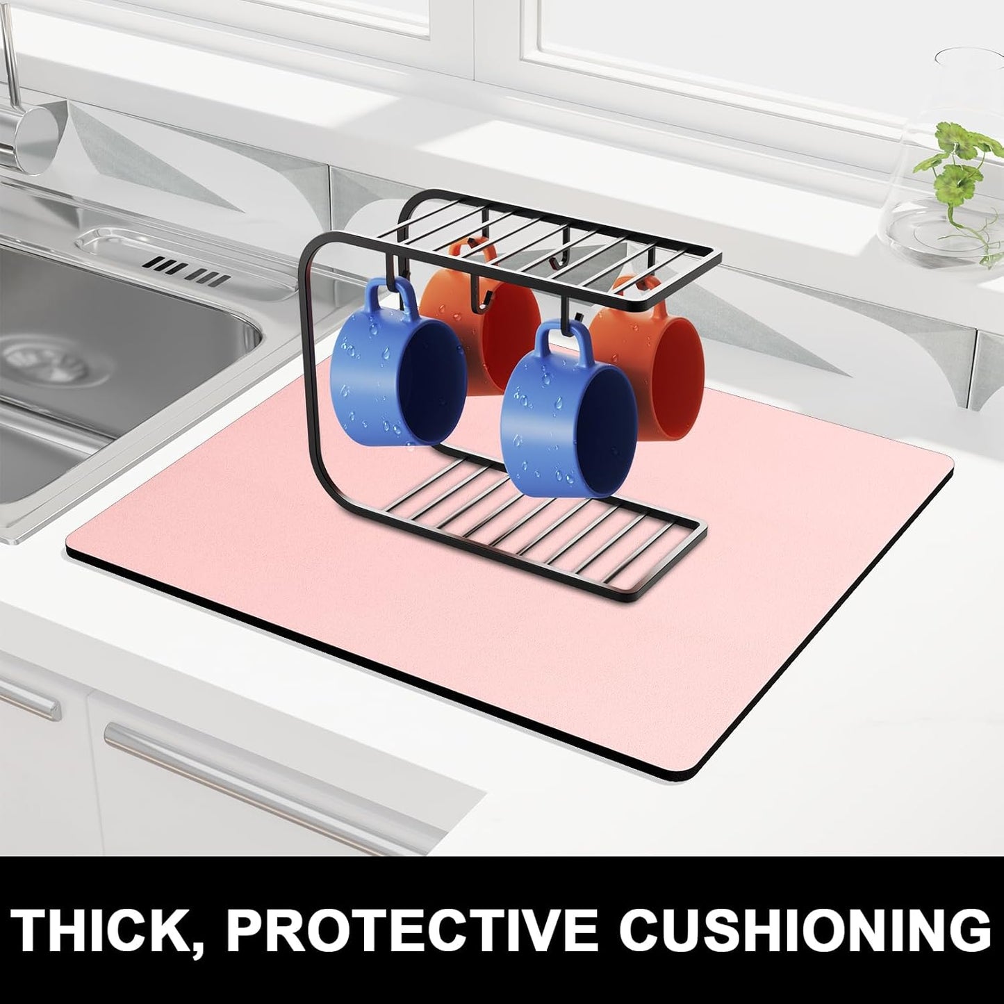 Rnivvi Dish Drying Mat for Kitchen Counter, 16 x 18" Cute Absorbent Heat Resistant Drying Pad with Non-slip Rubber, Coffee Bar Mats for Coffee Machine Dish Rack Kitchen Decor Accessories, Pink