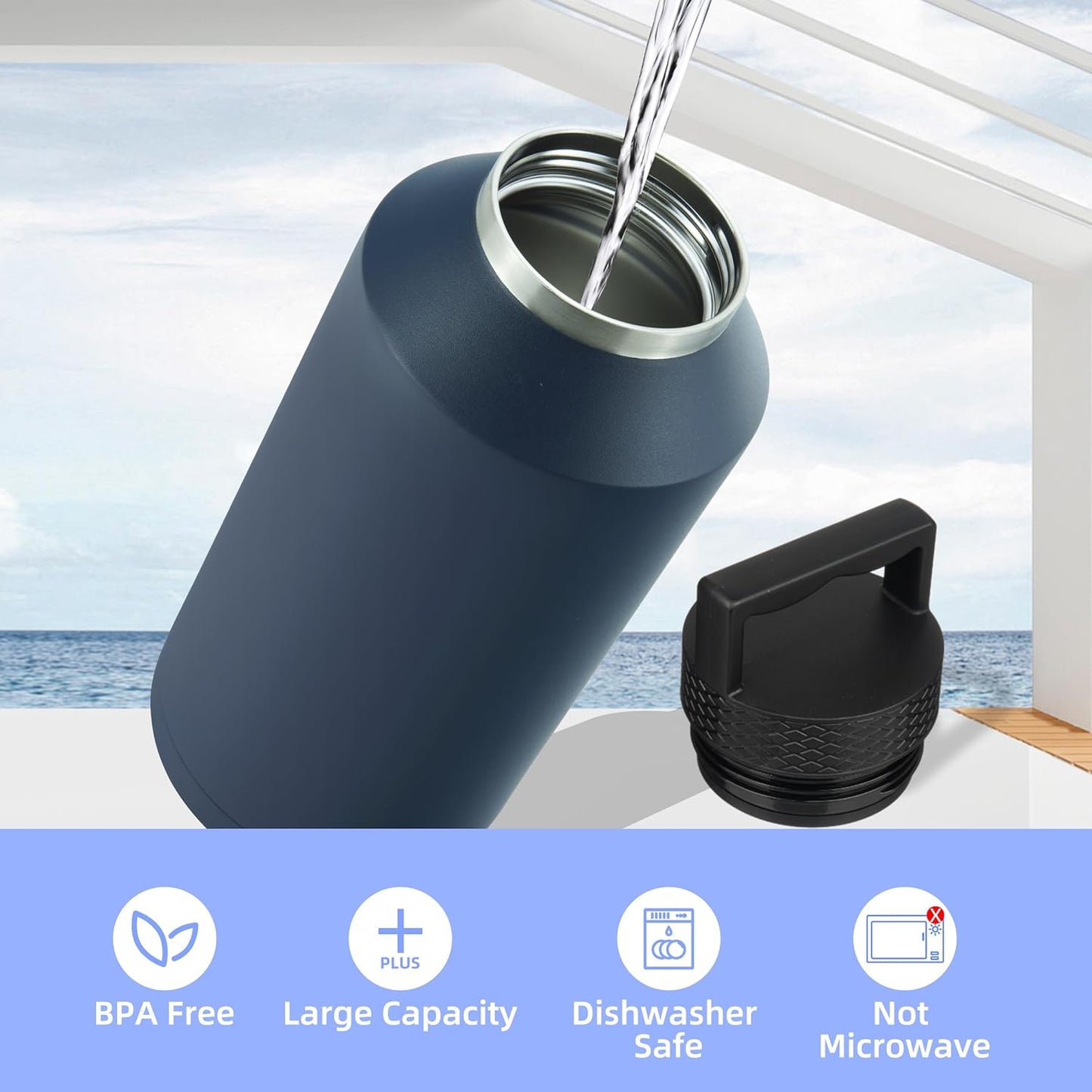 BJPKPK Half Gallon Water Bottle Insulated, Dishwasher Safe 64 oz Water Bottle with Handle, Leakproof BPA Free Water Jug, Large Stainless Steel Thermos for Sports, Army Green