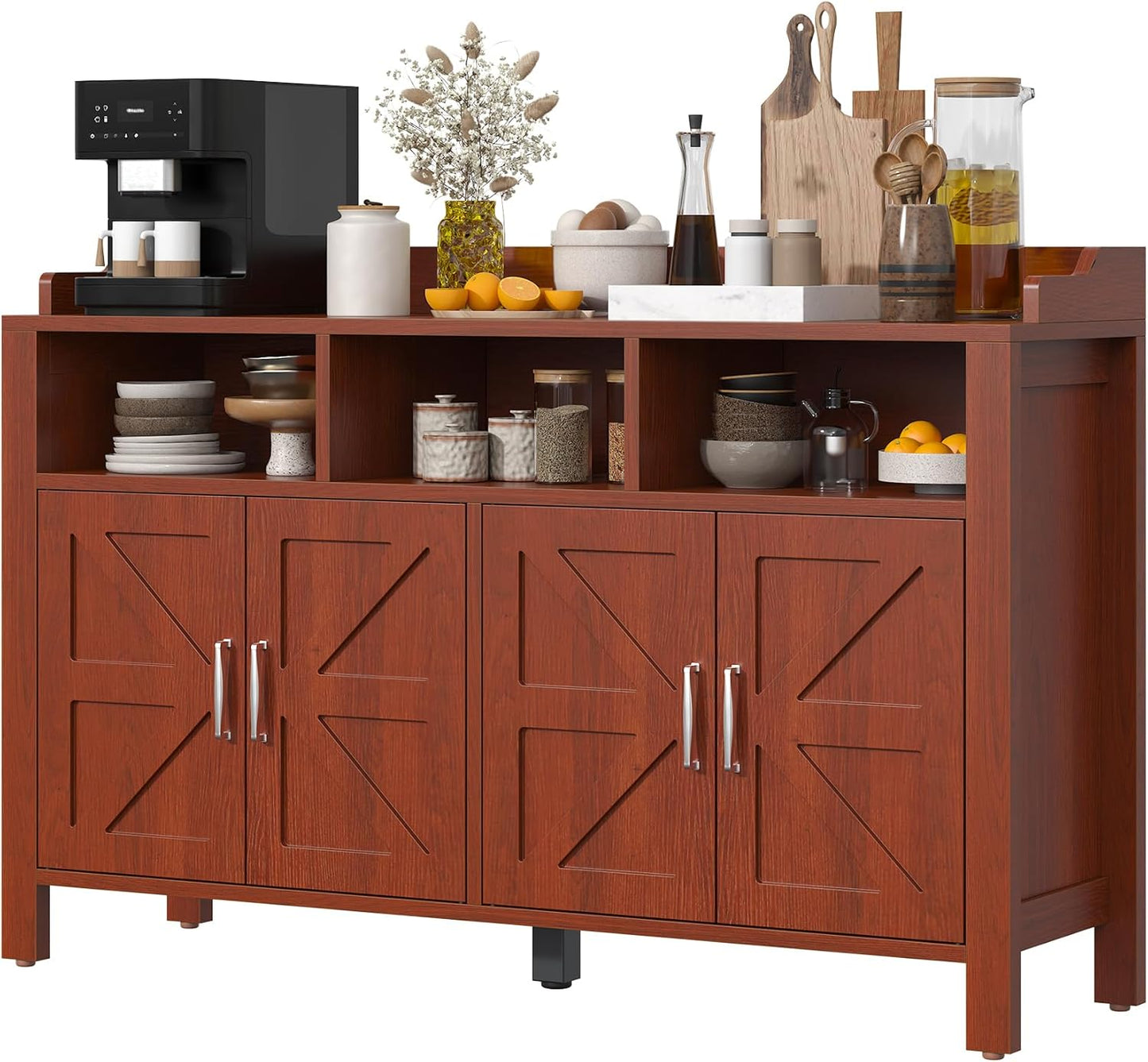 Buffet Cabinet with Storage Farmhouse with 4 Doors and 3 Open Compartments, 55'' Large Kitchen Storage Cabinet Cherry Wood Coffee Bar Buffet Sideboard for Kitchen, Dining Room, Living Room