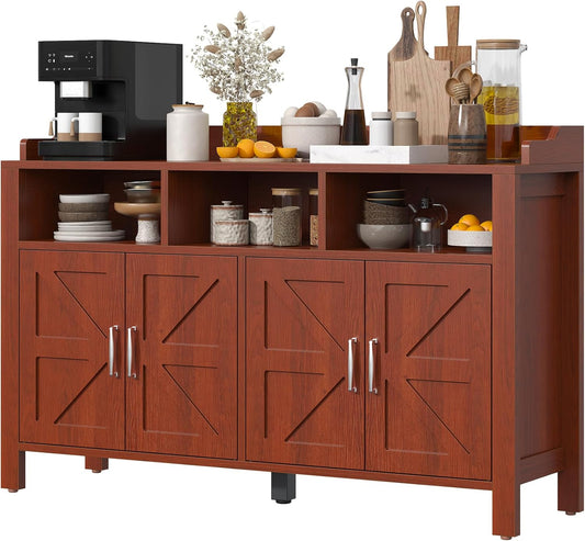 Buffet Cabinet with Storage Farmhouse with 4 Doors and 3 Open Compartments, 55'' Large Kitchen Storage Cabinet Cherry Wood Coffee Bar Buffet Sideboard for Kitchen, Dining Room, Living Room