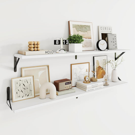 Dreamland Deep Floating Shelves for Wall, 48W x 8D Wall Mounted Shelves Set of 2, Wide Display Ledge Shelf with Sturdy Metal Brackets for Living Room, Bathroom, Bedroom and Kitchen, White