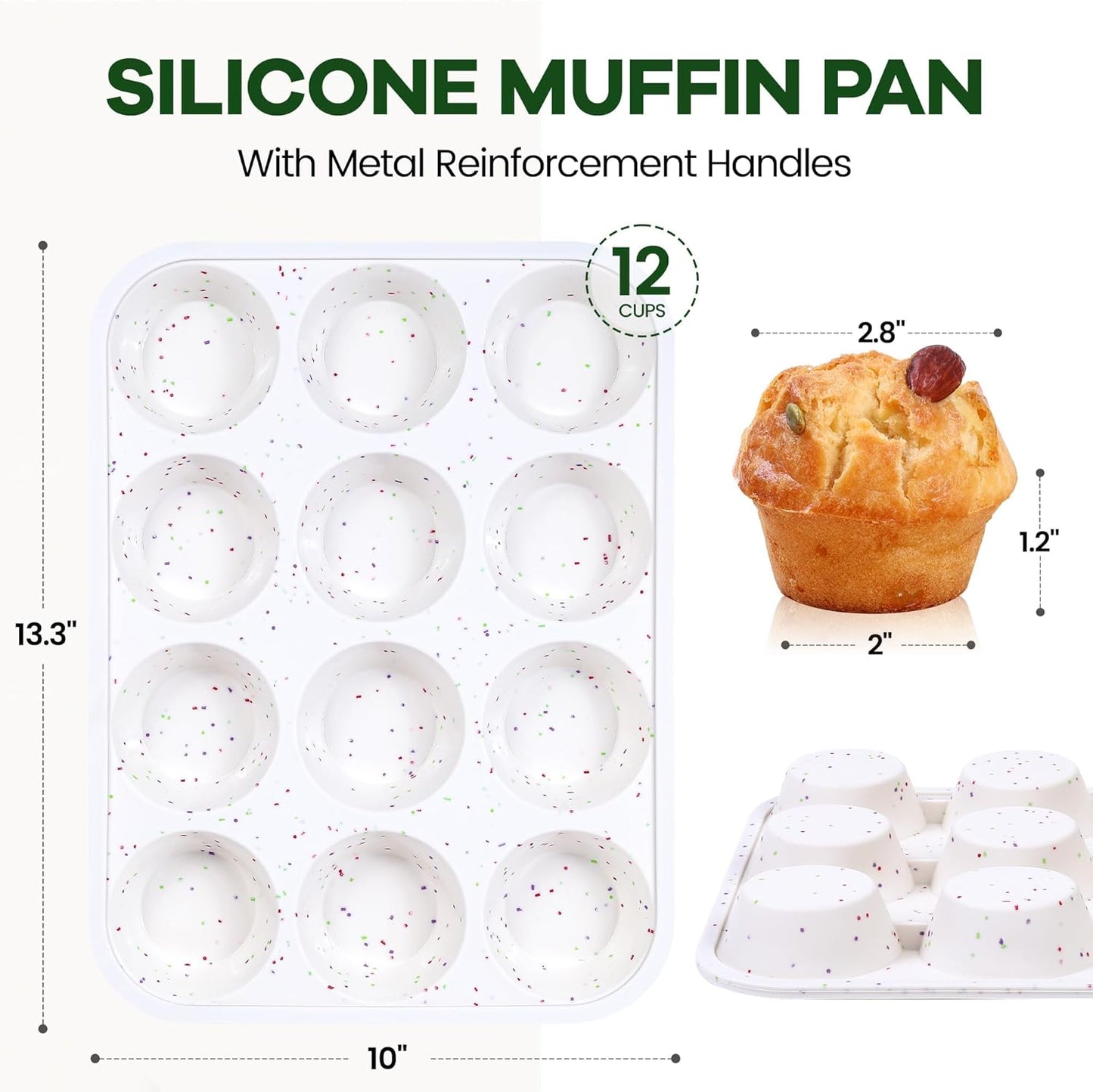 Muffin Pan - 12 Cups Silicone Muffin Pan Non-Stick Food Grade Silicone Cupcake Pan for Muffins,Tart, BPA Free - Standard Cup Size - Diameter 2.8" Depth 1.2" - Set of 2 Cream With Rainbow Dots
