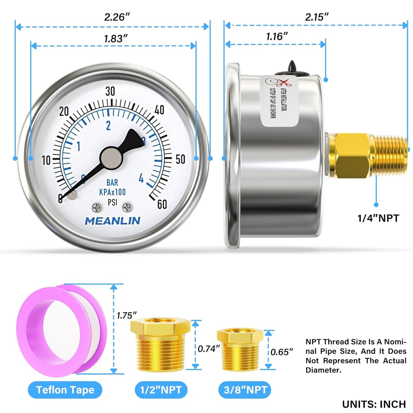 MEANLIN MEASURE 0~60Psi Dry Pressure Gauge Stainless Steel 1/4"NPT 2"FACE DIAL Waterproof for Pool Filter Pump Water Air Compressor Tire Pressure Tester Back Mount with 1/2"NPT and 3/8"NPT Hex Bushing