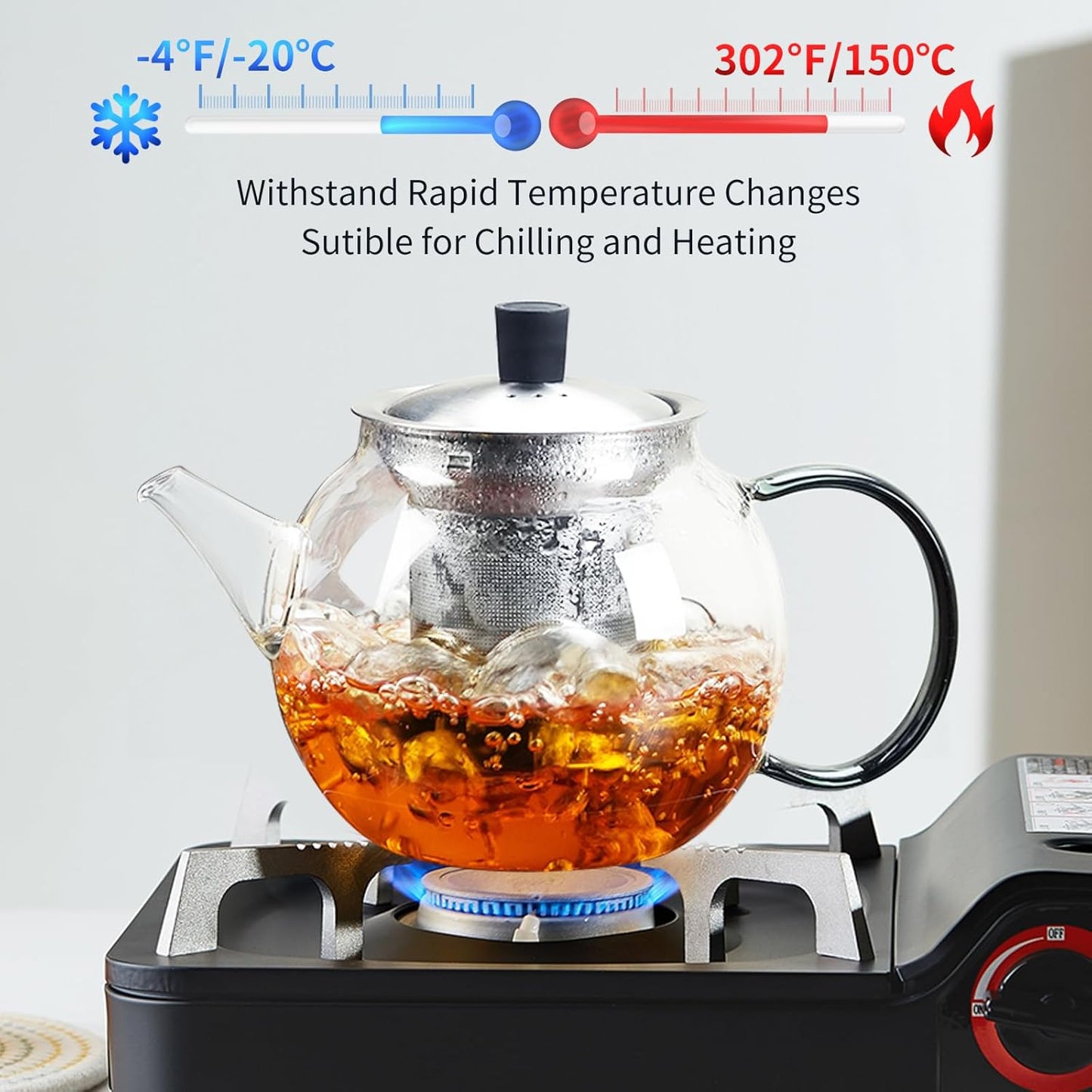 28OZ Glass Teapot with Infuser Stovetop Safe, 800ml Borosilicate Glass Kettle Tea Pot with Infusers tea infuser pot for loose leaf tea, tea Maker brewer, Dishwasher Safe, tetera para te (Clear)