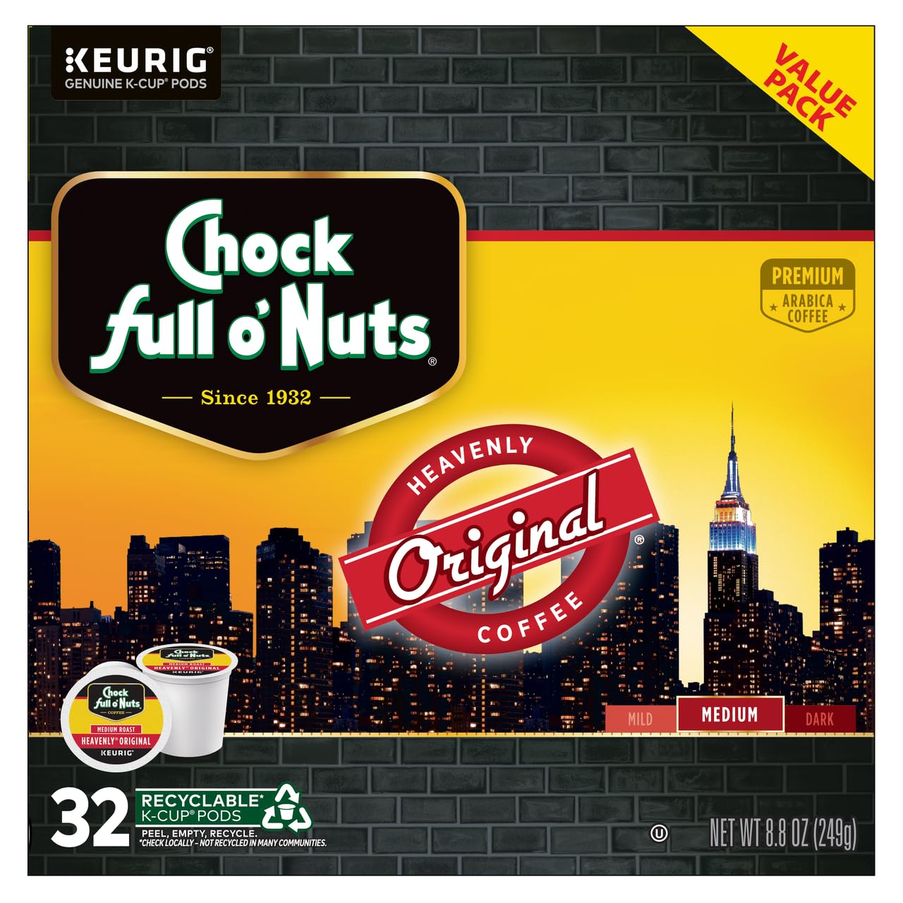 Chock Full o'Nuts Original Coffee, Compatible with K-Cup Pods, 32 CT (Pack of 3)
