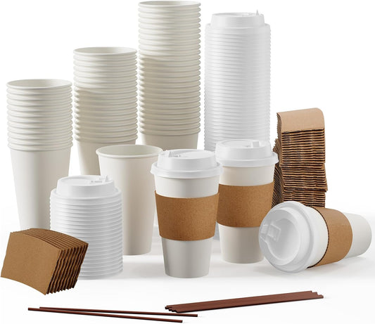 JOLLY PARTY [50 Pack] 16 oz Paper Coffee Cups, Disposable Paper Coffee Cup with Lids, Sleeves, and Stirrers, Hot/Cold Beverage Drinking Cup for Water, Juice or Tea, Suitable for Home, Shops and Cafes