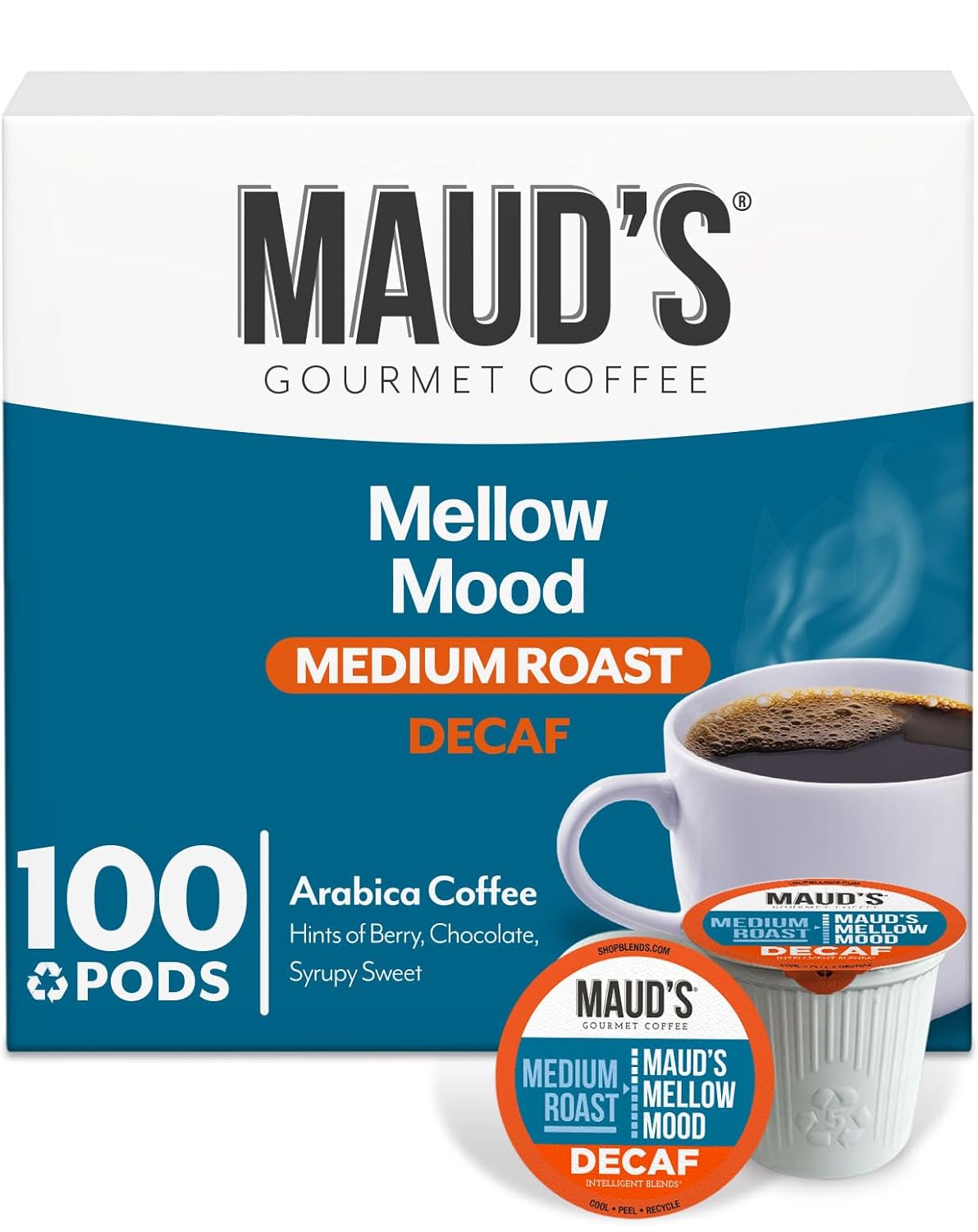 Maud's Decaf Medium Roast Coffee Pods, 100 ct, Decaffeinated Recyclable Single Serve Pods – 100% Arabica Coffee, Compatible with Keurig K Cups Maker
