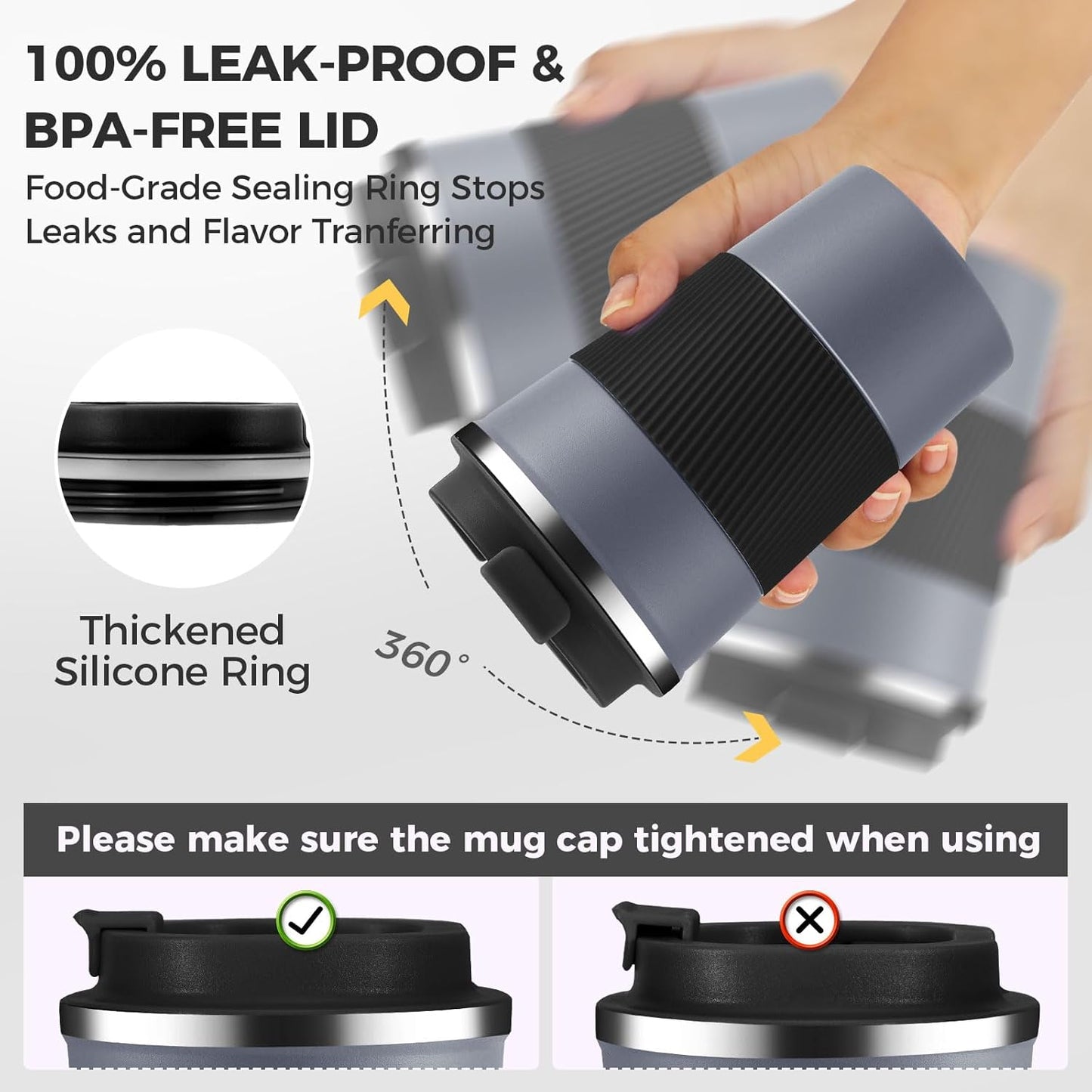 Volhoply 13 oz Stainless Steel Insulated Travel Coffee Mug with Fip Lid Bulk 2 Pack,Reusable Double Wall Vacuum Metal Coffee Cup,Portable Leak Proof Thermal Tumbler for Hot & Cold Drinks(Gray,2)