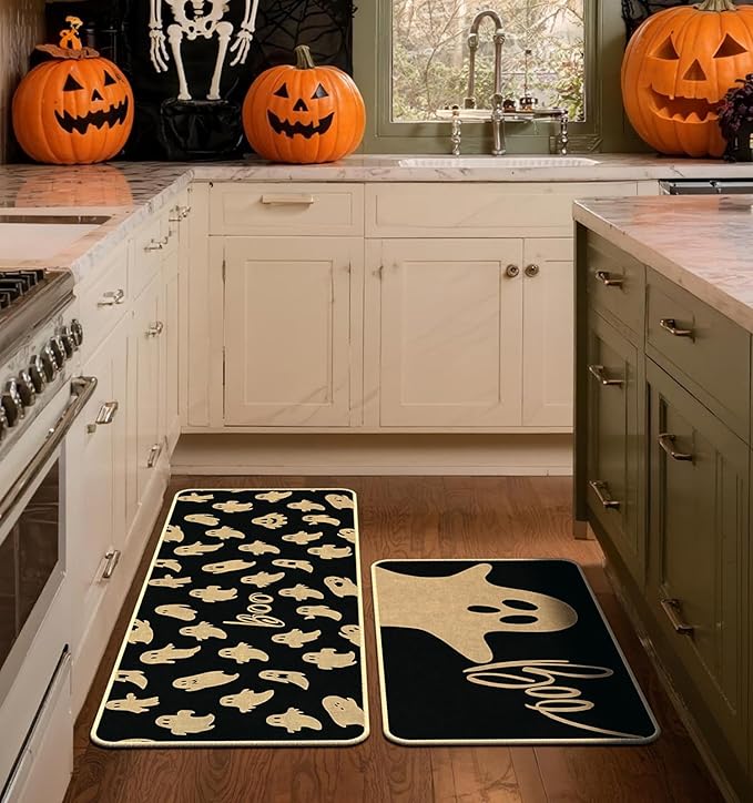 Halloween Kitchen Mat Set of 2, Ghosts Boo Halloween Kitchen Decor, Halloween Rug for Floor, Indoor Spooky Home Decor with Non-Slip Backing,17 x 29 Inch & 17 x 47 Inch